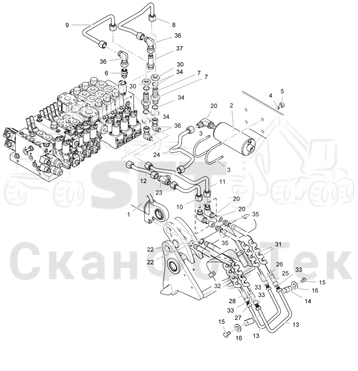 Схема: Komatsu / Головки лесозаготовительной машины / 300 Головки лесозаготовительной машины / 378 E / Каталог запасных частей / Подача / Открывание/закрывание подающего ролика от шасси 3781014042-