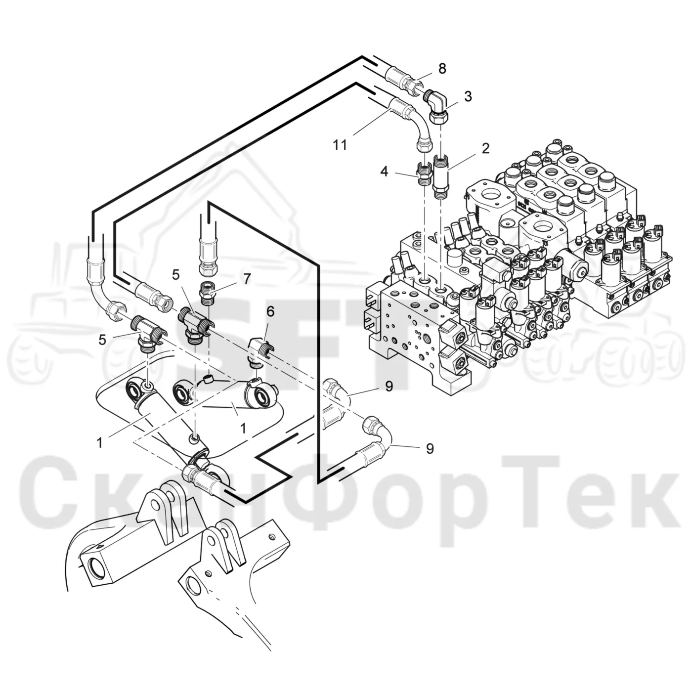 Схема: Komatsu / Головки лесозаготовительной машины / 300 Головки лесозаготовительной машины / 378 E / Каталог запасных частей / Обрезка сучьев / Гидравлический привод сучкорезного ножа