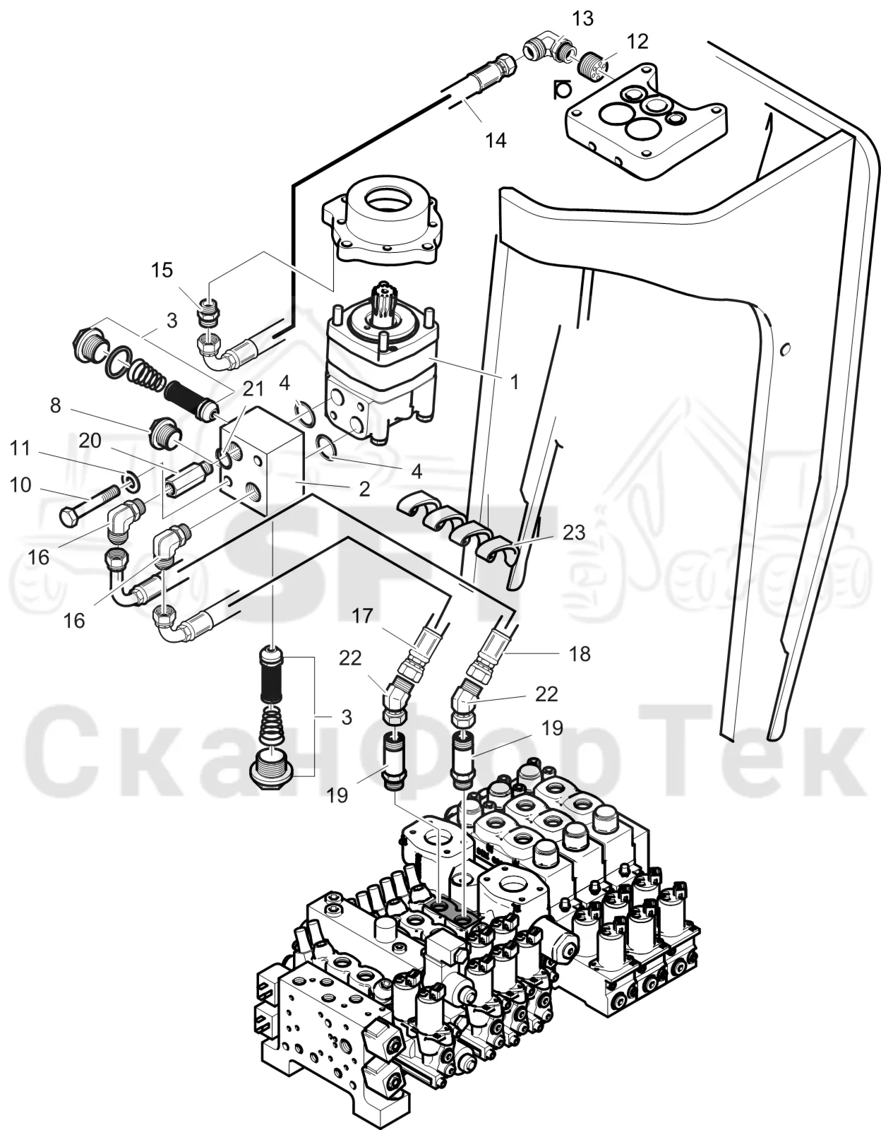 Схема: Komatsu / Головки лесозаготовительной машины / 300 Головки лесозаготовительной машины / 378 E / Каталог запасных частей / Поворотные устройства и звенья / Гидравлическое оборудование поворотного устройства 3780001591-