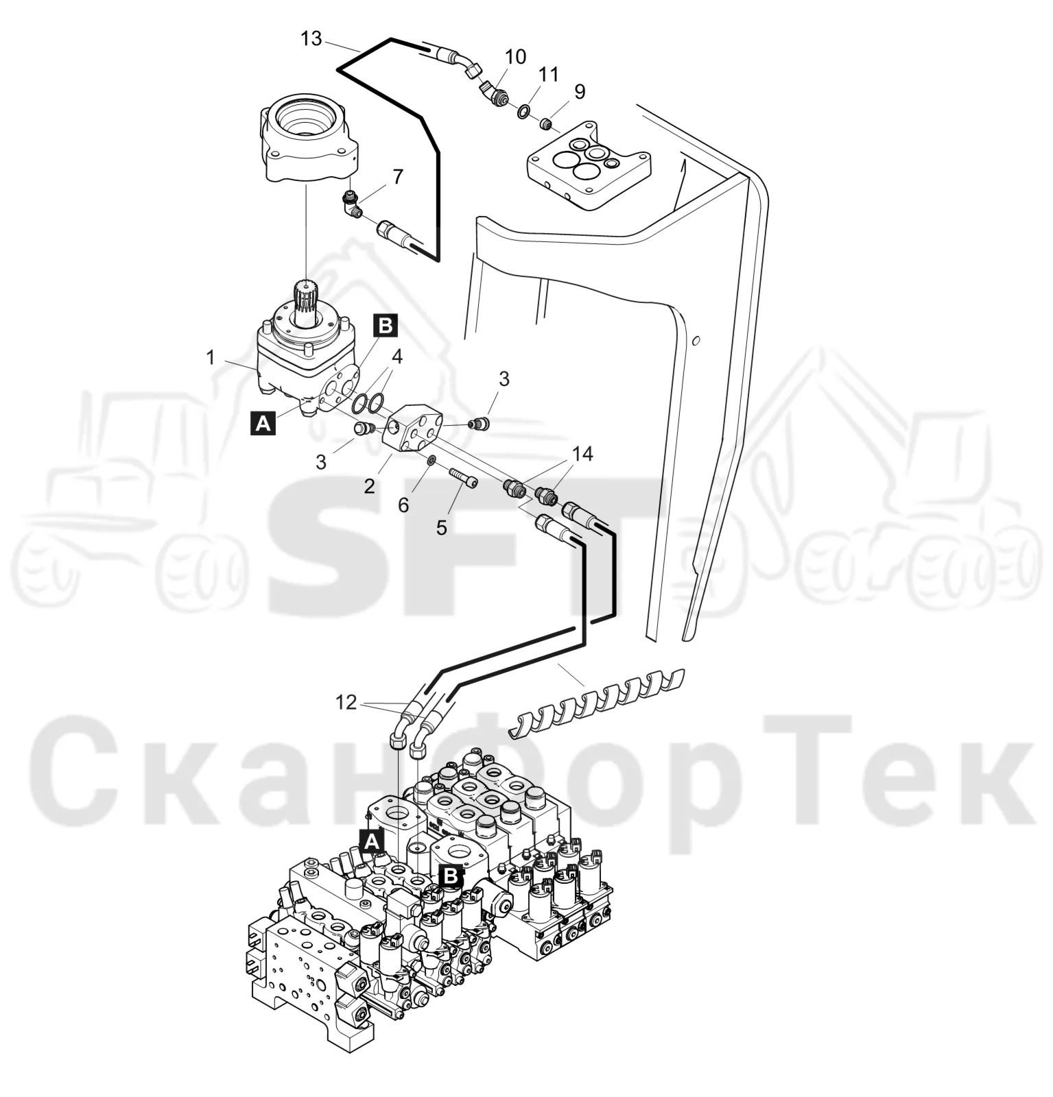 Схема: Komatsu / Головки лесозаготовительной машины / C Головки лесозаготовительной машины / C283 / Каталог запасных частей / Поворотные устройства и звенья / Гидравлическое оборудование поворотного устройства