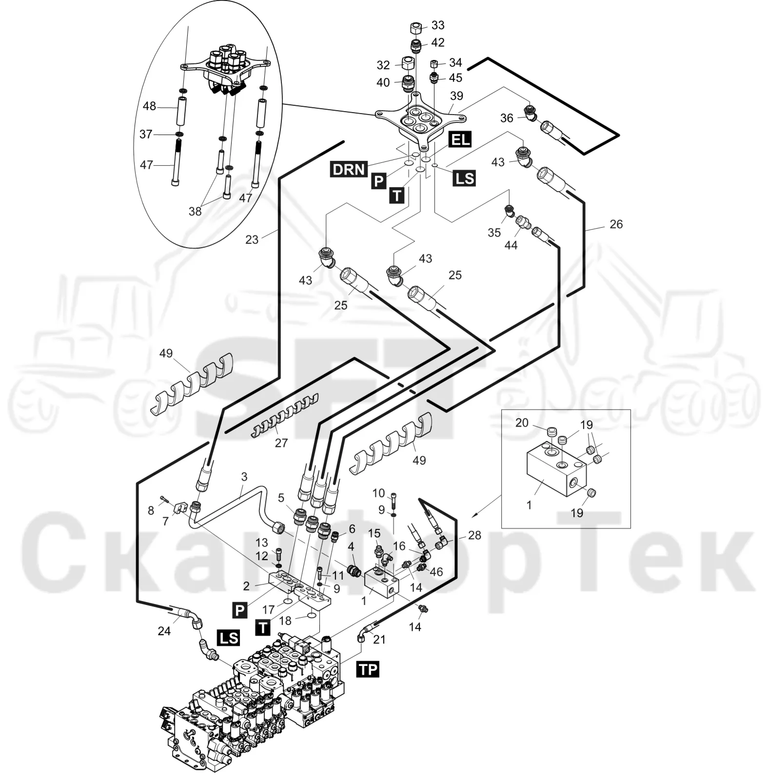 Схема: Komatsu / Головки лесозаготовительной машины / 300 Головки лесозаготовительной машины / 398 / Каталог запасных частей / Гидравлический клапан / Впускной - выпускной