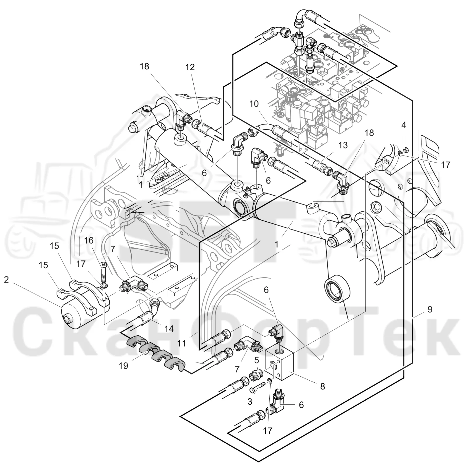 Схема: Komatsu / Лесозаготовительные машины / 911 S/N 9112062167- / Каталог запасных частей / Лесозаготовительное оборудование / Головка лесозаготовительной машины / 365.1 / Каталог запасных частей / Подача / Гидравлика открывания и закрывания роликов подачи