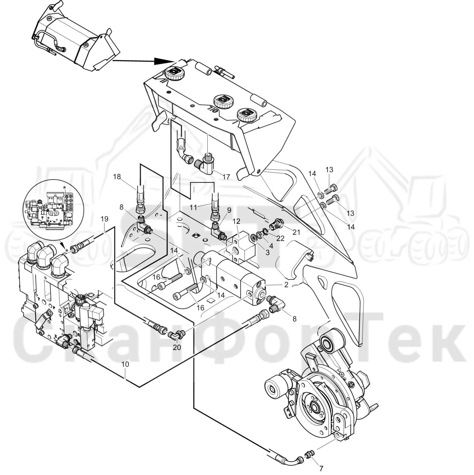Схема: Komatsu / Лесозаготовительные машины / 931 S/N 9310021067- / Каталог запасных частей / Лесозаготовительное оборудование / Головка лесозаготовительной машины / 365.1 / Каталог запасных частей / Резка / Масленка Eco системы смазки цепи 3650001721-