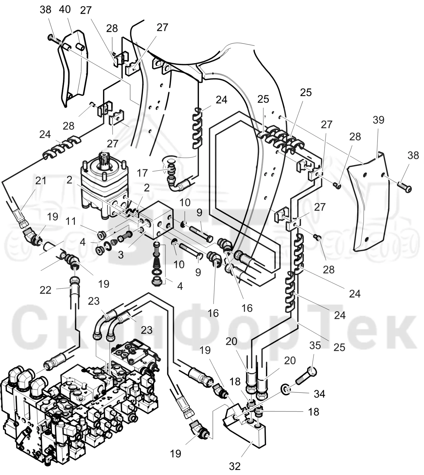 Схема: Komatsu / Лесозаготовительные машины / 911 S/N 9110062167- / Каталог запасных частей / Лесозаготовительное оборудование / Головка лесозаготовительной машины / 365.1 / Каталог запасных частей / Поворотные устройства и звенья / Гидравлическое оборудование поворотного устройства 3650012441-
