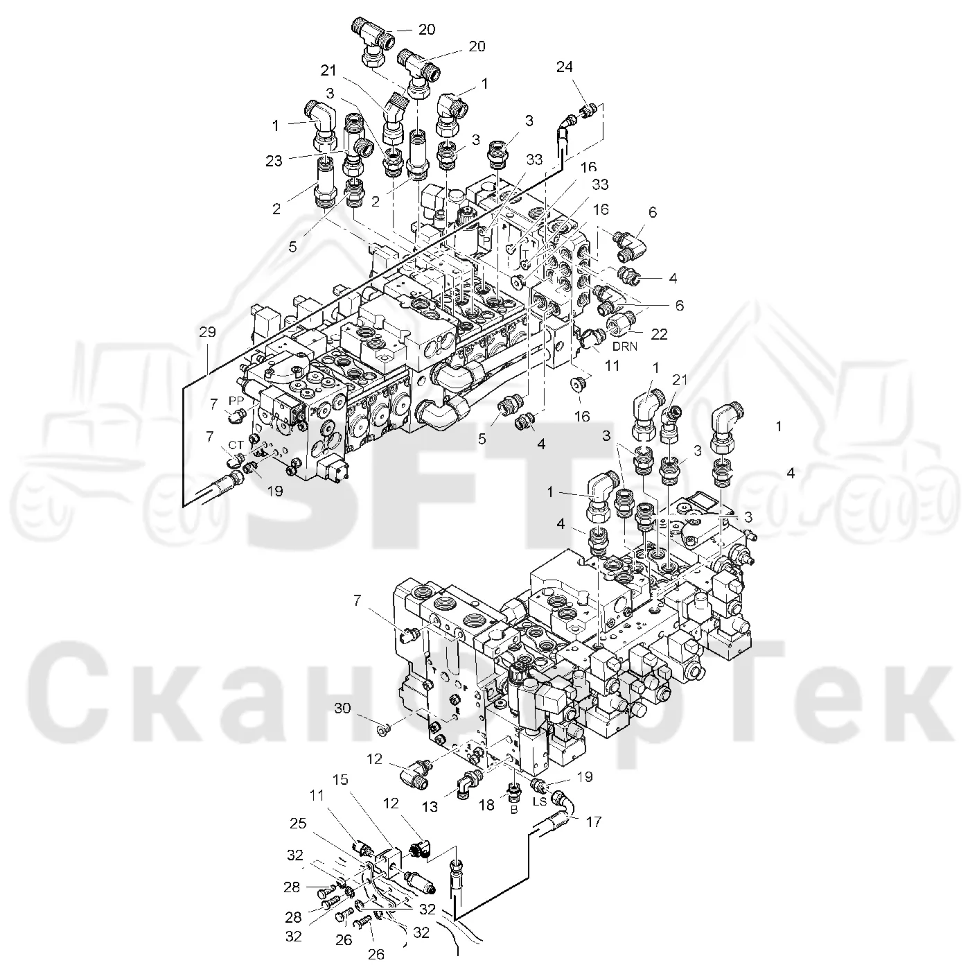 Схема: Komatsu / Лесозаготовительные машины / 951 S/N 9510004367- / Каталог запасных частей / Лесозаготовительное оборудование / Головка лесозаготовительной машины / 365.1 / Каталог запасных частей / Гидравлический клапан / Узел клапана