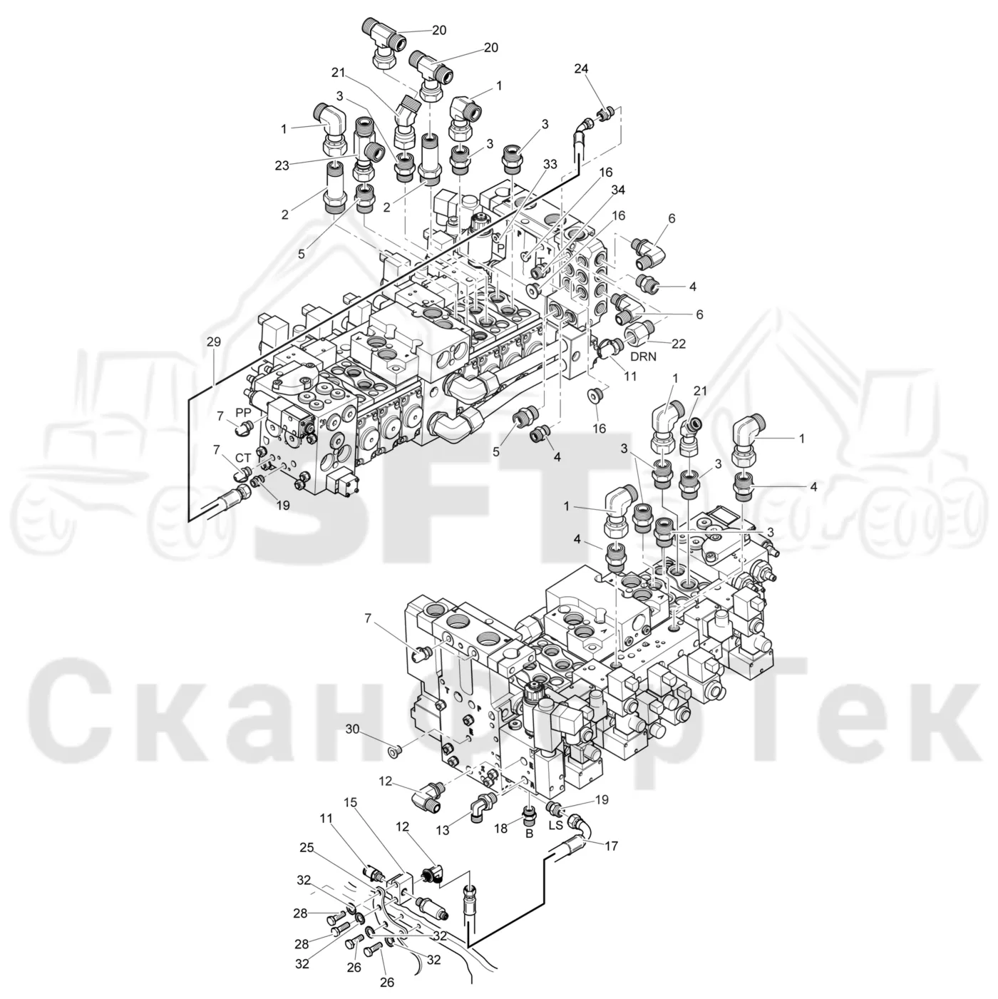 Схема: Komatsu / Лесозаготовительные машины / 911.5 / Каталог запасных частей / Лесозаготовительное оборудование / Головка лесозаготовительной машины / 365.1 / Каталог запасных частей / Гидравлический клапан / Узел клапана 3650001721-