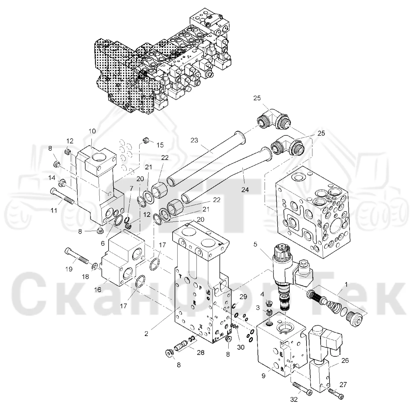 Схема: Komatsu / Головки лесозаготовительной машины / 300 Головки лесозаготовительной машины / 365.1 / Каталог запасных частей / Гидравлический клапан / Впускной - выпускной
