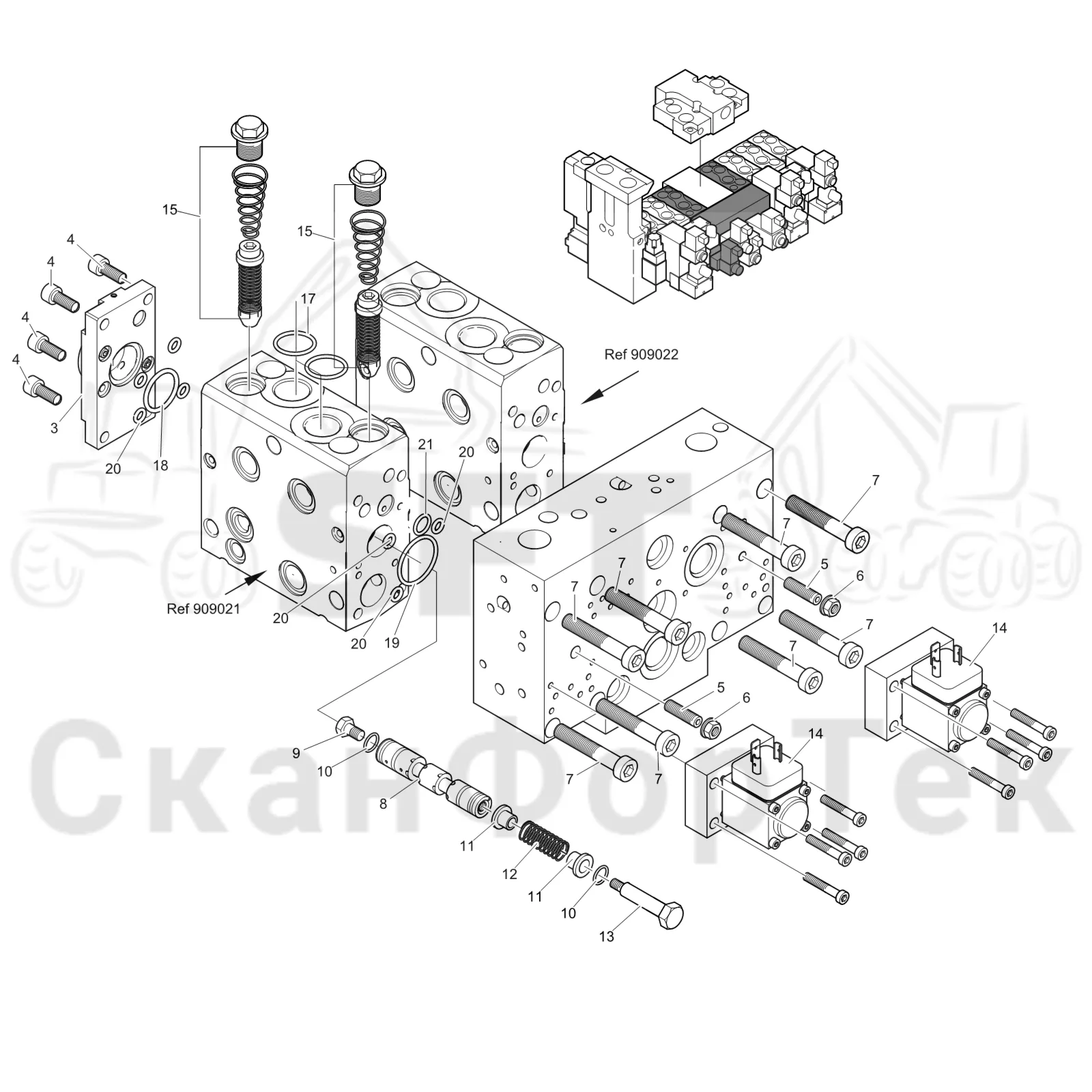 Схема: Komatsu / Головки лесозаготовительной машины / 300 Головки лесозаготовительной машины / 365.1 / Каталог запасных частей / Гидравлический клапан / Секция клапана Подача питания