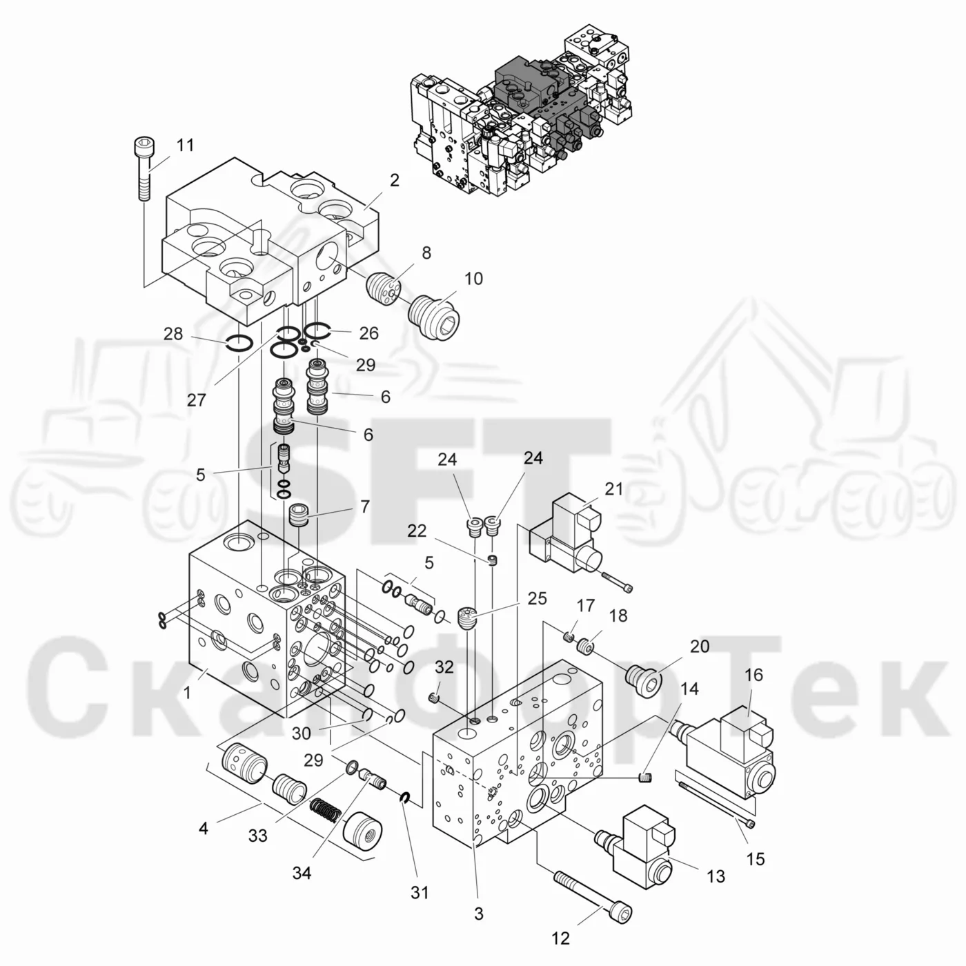 Схема: Valmet / Лесозаготовительные машины / Valmet 911.4 / Valmet 911.4 / Каталог запасных частей / Лесозаготовительное оборудование / Головка лесозаготовительной машины / Valmet 365 / Каталог запасных частей / Гидравлический клапан / Секция клапана Резка