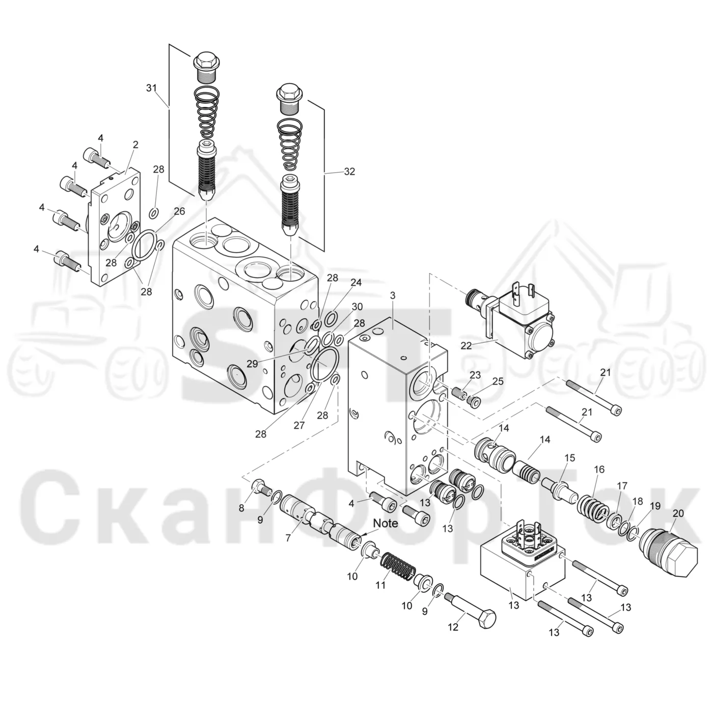 Схема: Komatsu / Головки лесозаготовительной машины / 300 Головки лесозаготовительной машины / 350.1 / Каталог запасных частей / Гидравлический клапан / Гидравлический клапан 3500011991- / Секция клапана Нож