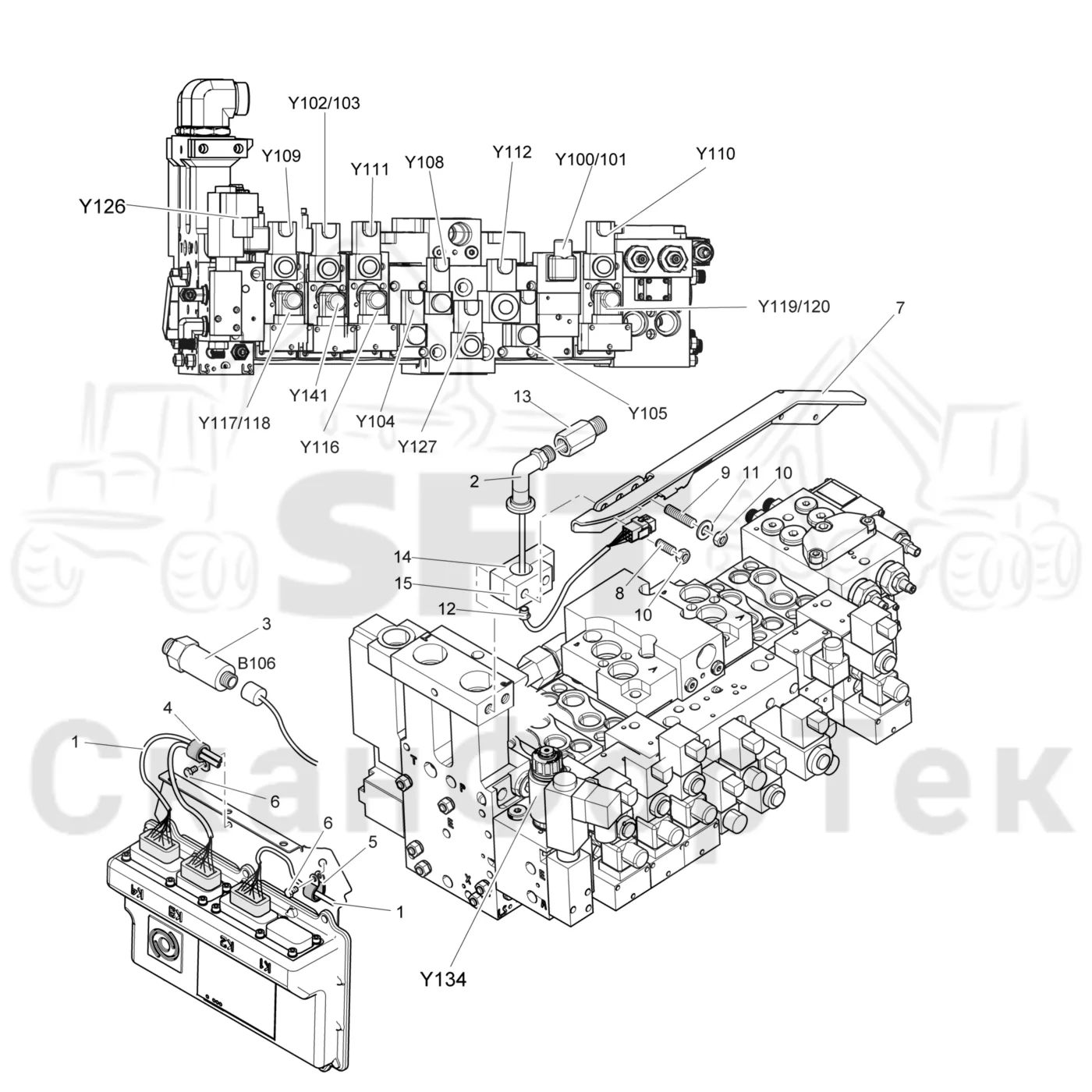 Схема: Komatsu / Лесозаготовительные машины / 911 S/N 9112062167- / Каталог запасных частей / Лесозаготовительное оборудование / Головка лесозаготовительной машины / 365.1 / Каталог запасных частей / Гидравлический клапан / Монтажная проводка клапана