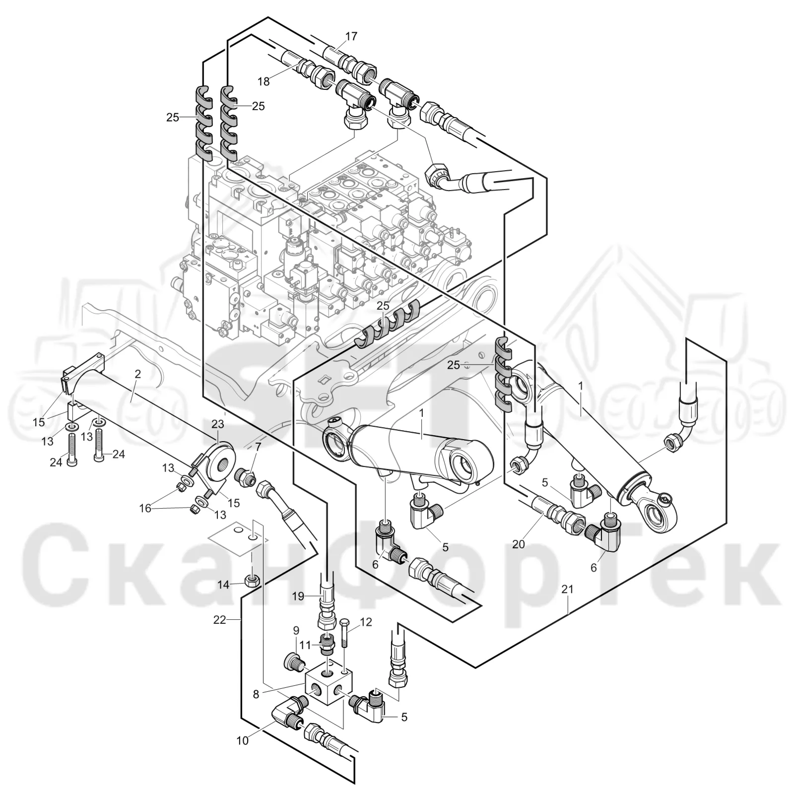 Схема: Komatsu / Лесозаготовительные машины / 901 S/N 9010053267- / Каталог запасных частей / Лесозаготовительное оборудование / Головка лесозаготовительной машины / C93 / Каталог запасных частей / Подача / Гидравлика открывания и закрывания роликов подачи
