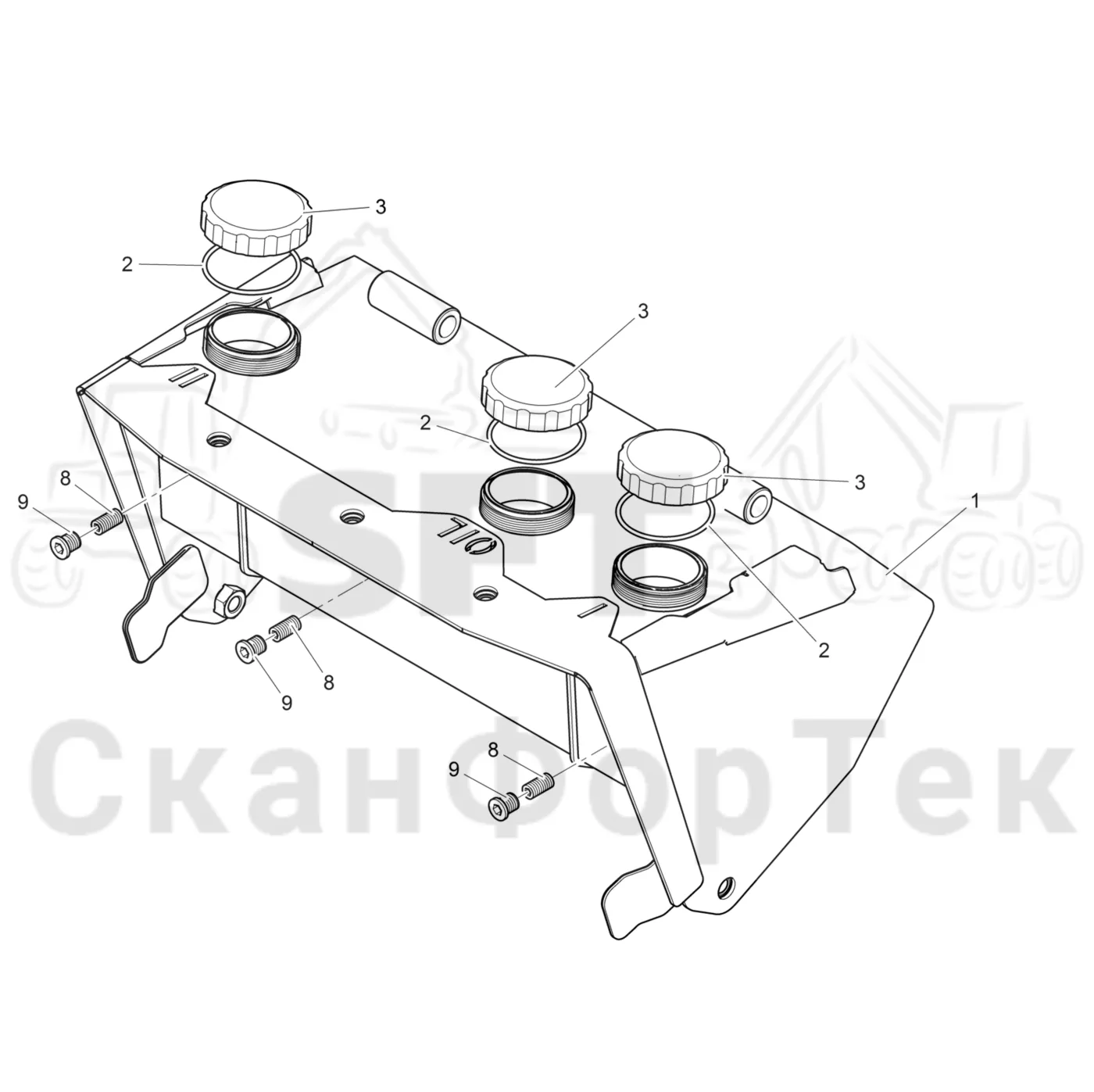 Схема: Komatsu / Головки лесозаготовительной машины / C Головки лесозаготовительной машины / C93 / Каталог запасных частей / Резка / Бак цветовой маркировки/Маслобак