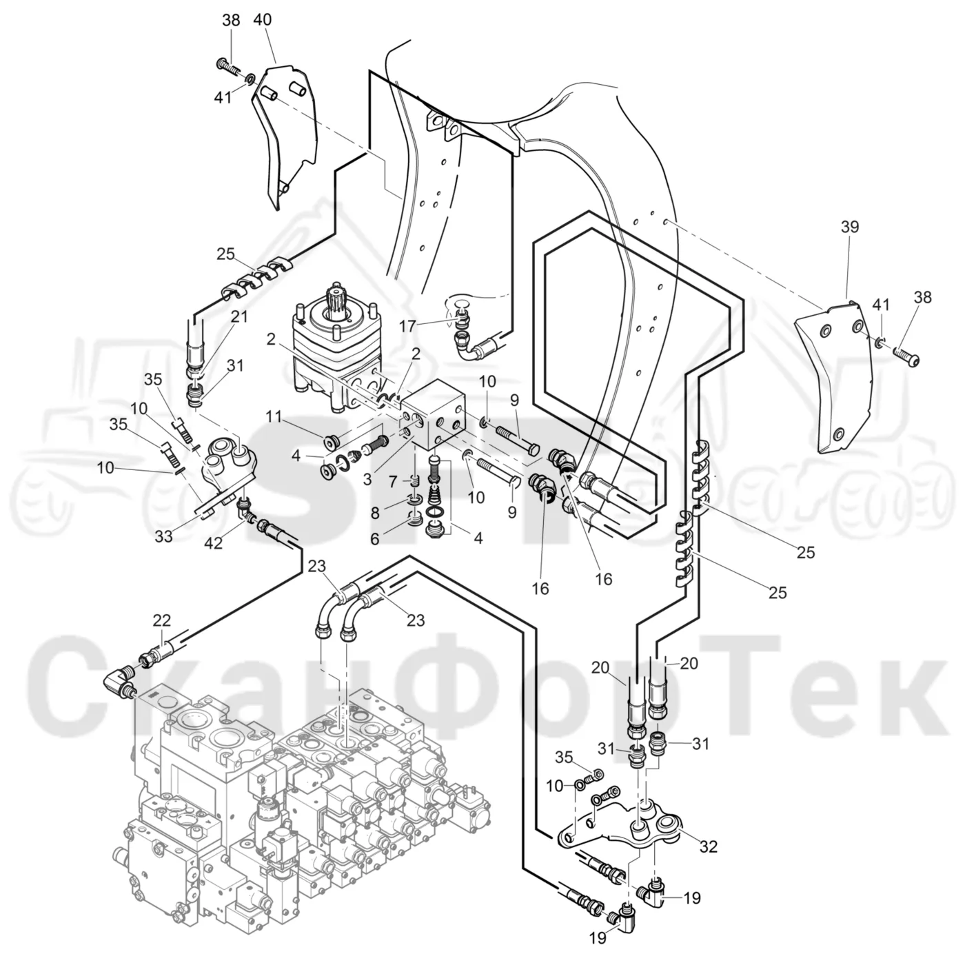 Схема: Komatsu / Лесозаготовительные машины / 931XC S/N 9313021208- / Каталог запасных частей / Лесозаготовительное оборудование / Головка лесозаготовительной машины / C93 / Каталог запасных частей / Поворотные устройства и звенья / Гидравлическое оборудование поворотного устройства