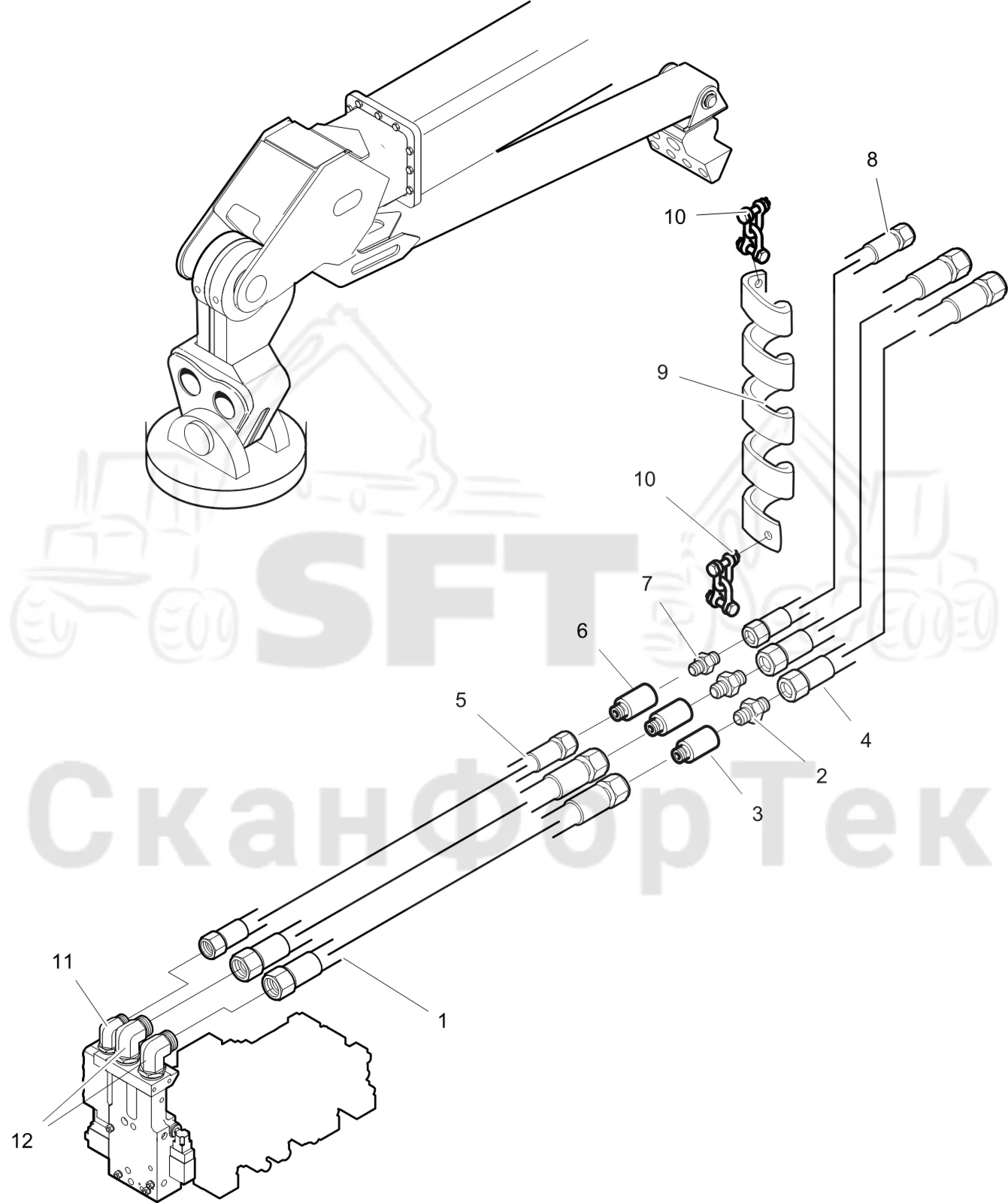 Схема: Komatsu / Лесозаготовительные машины / 911.5 / Каталог запасных частей / Лесозаготовительное оборудование / Головка лесозаготовительной машины / C93 / Каталог запасных частей / Поворотные устройства и звенья / Гидравлическое оборудование головки подъемного крана CRH ORFS