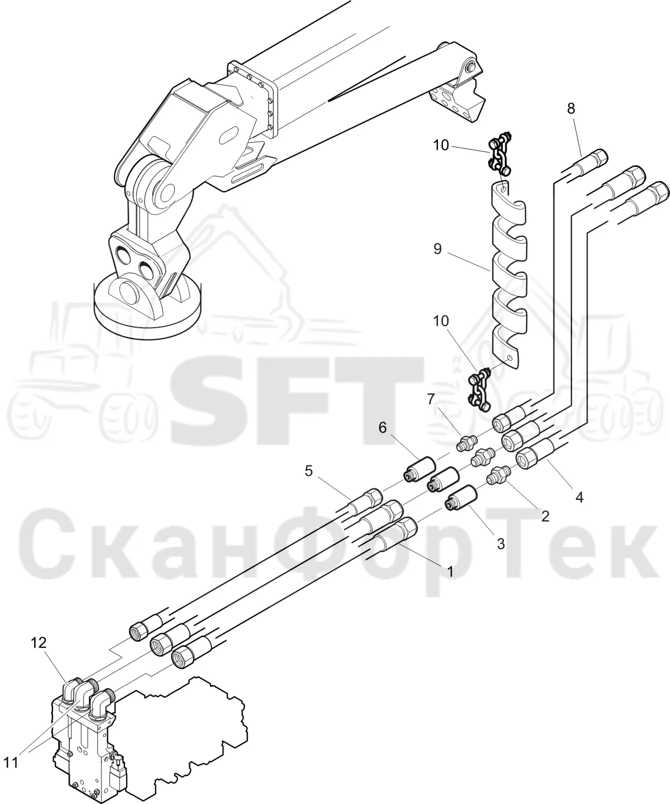 Схема: Komatsu / Головки лесозаготовительной машины / C Головки лесозаготовительной машины / C93 / Каталог запасных частей / Поворотные устройства и звенья / Гидравлическое оборудование головки подъемного крана CRH 15/18  Габота с несколькими деЂевьями