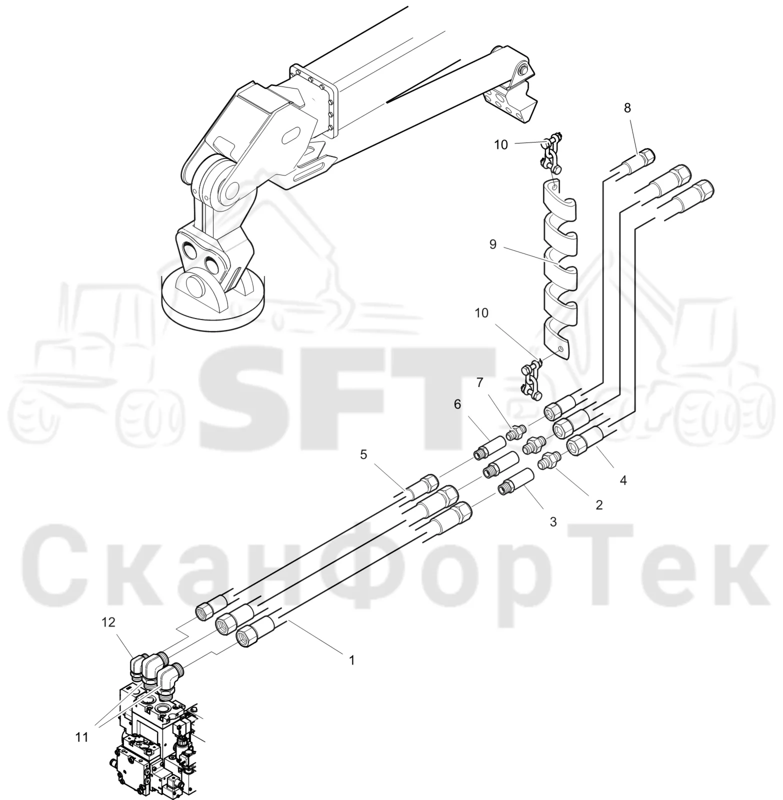 Схема: Komatsu / Головки лесозаготовительной машины / C Головки лесозаготовительной машины / C93 / Каталог запасных частей / Поворотные устройства и звенья / Гидравлическое оборудование головки подъемного крана CRH15/18-200H  Габота с несколькими деЂевьями ORFS