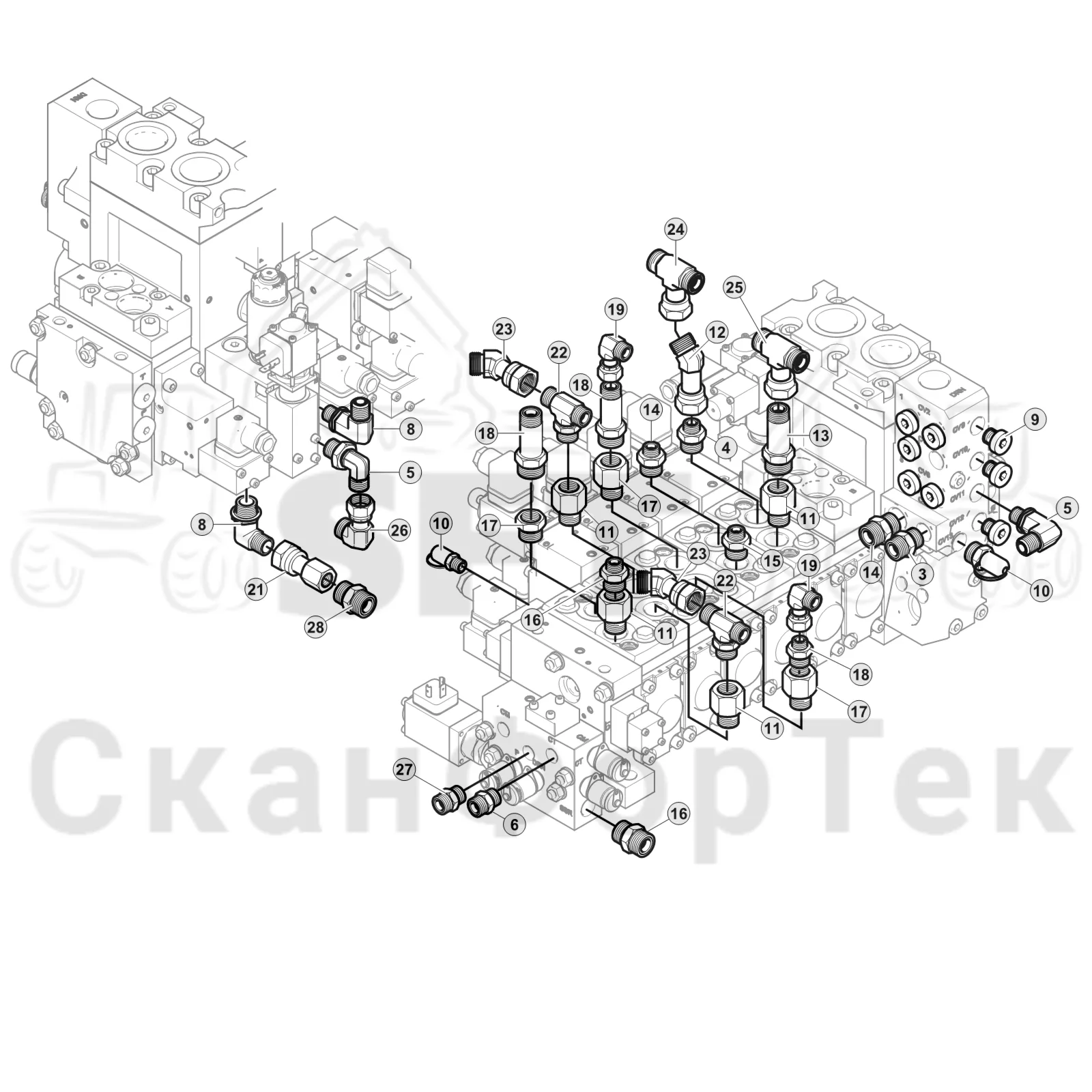 Схема: Komatsu / Лесозаготовительные машины / 911 S/N 9110062167- / Каталог запасных частей / Лесозаготовительное оборудование / Головка лесозаготовительной машины / C93 / Каталог запасных частей / Гидравлический клапан / Узел клапана