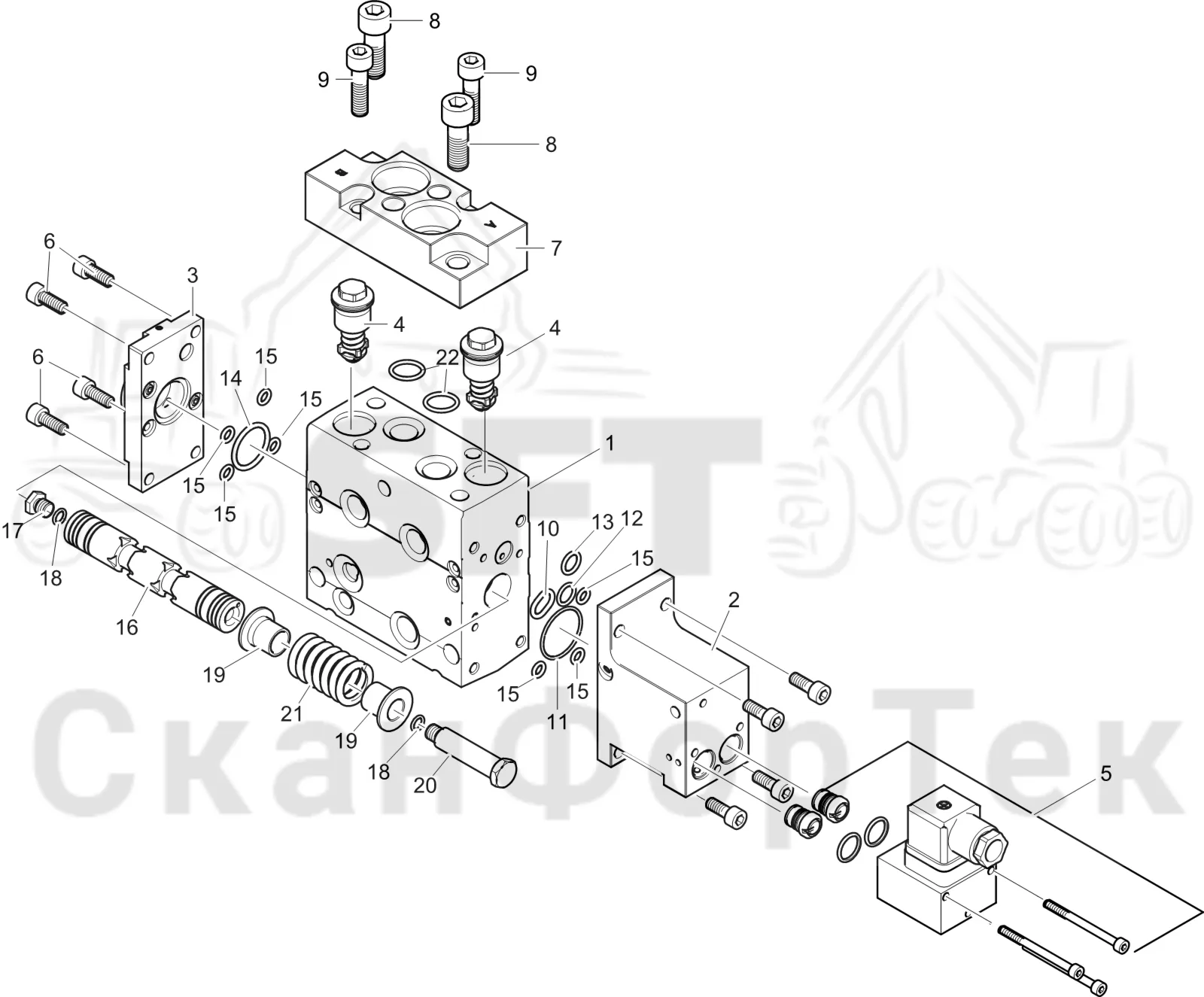 Схема: Komatsu / Лесозаготовительные машины / 931XC S/N 9313021208- / Каталог запасных частей / Лесозаготовительное оборудование / Головка лесозаготовительной машины / C144 / Каталог запасных частей / Гидравлический клапан / Клапан, подача 3