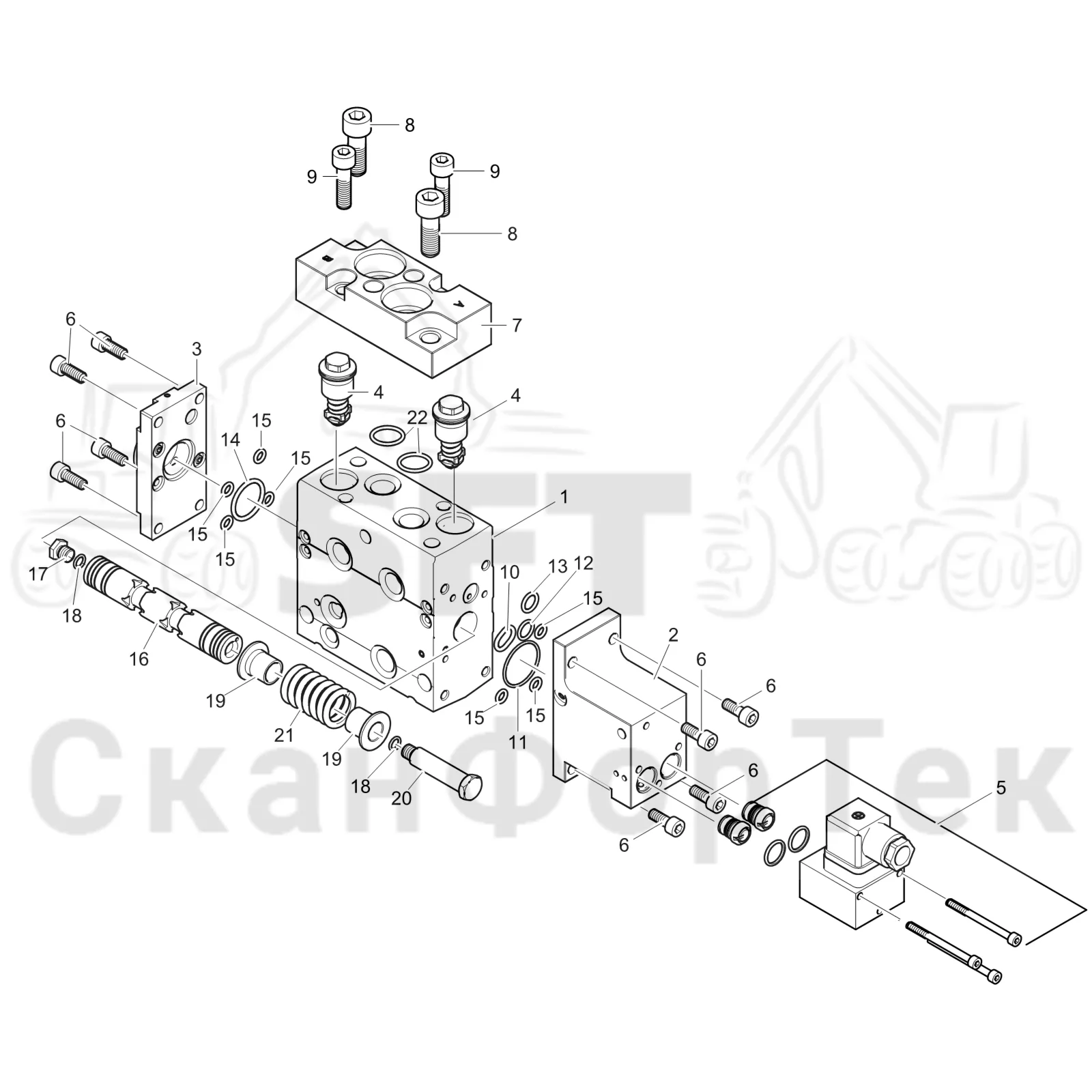 Схема: Komatsu / Головки лесозаготовительной машины / C Головки лесозаготовительной машины / C144 / Каталог запасных частей / Гидравлический клапан / Клапан, подача 4