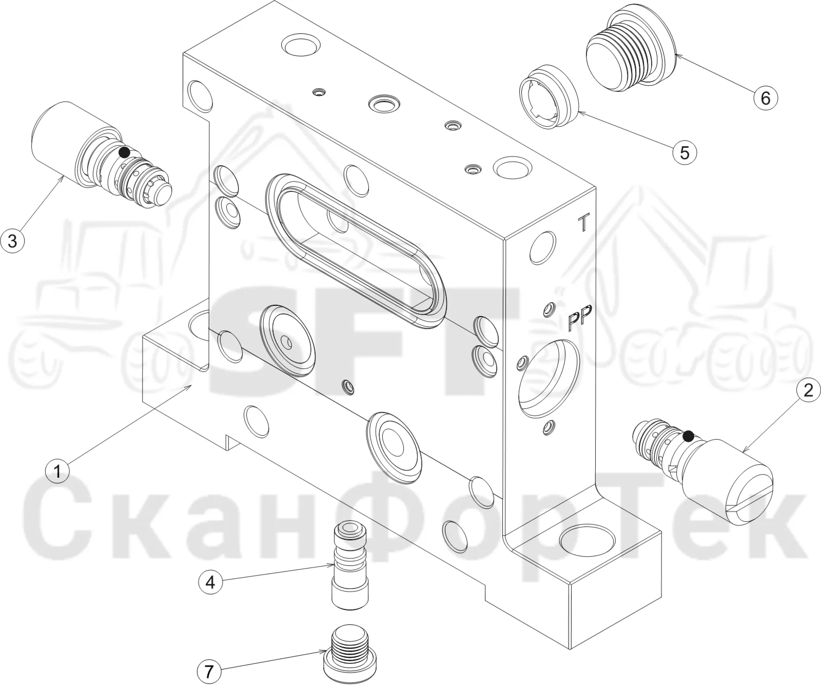 Схема: Komatsu / Лесозаготовительные машины / 931 S/N 9310021067- / Каталог запасных частей / Лесозаготовительное оборудование / Головка лесозаготовительной машины / V132E / Каталог запасных частей / Гидравлический клапан / Торцевая секция