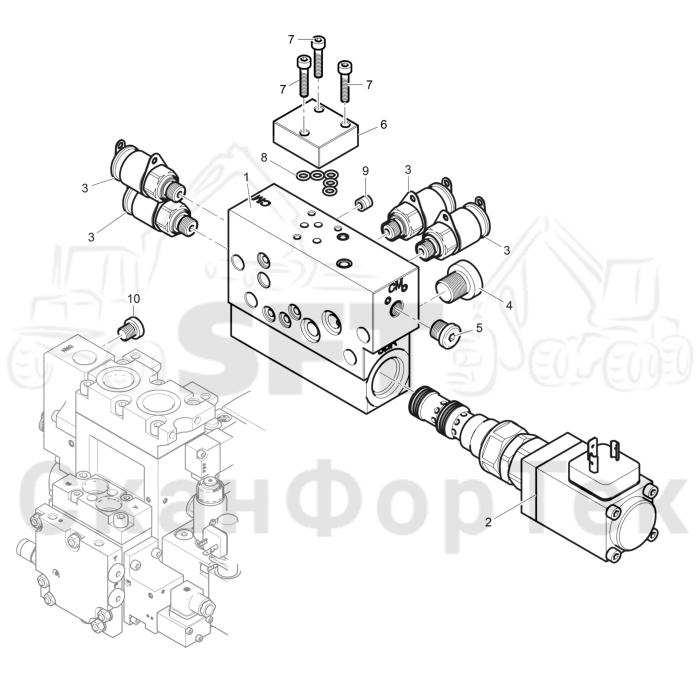 Схема: Komatsu / Лесозаготовительные машины / 911 S/N 9112062167- / Каталог запасных частей / Лесозаготовительное оборудование / Головка лесозаготовительной машины / C93 / Каталог запасных частей / Гидравлический клапан / Торцевая секция без Цветовая маркировка