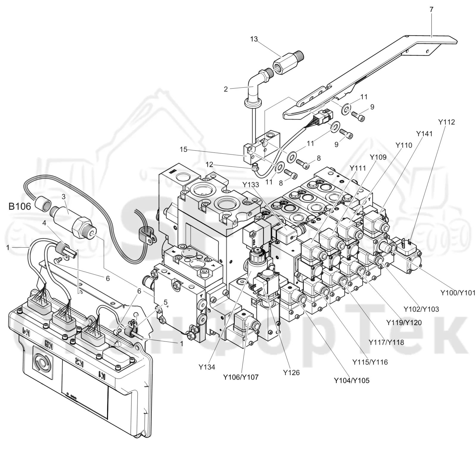 Схема: Komatsu / Лесозаготовительные машины / 901 S/N 9010053267- / Каталог запасных частей / Лесозаготовительное оборудование / Головка лесозаготовительной машины / C93 / Каталог запасных частей / Гидравлический клапан / Монтажная проводка клапана