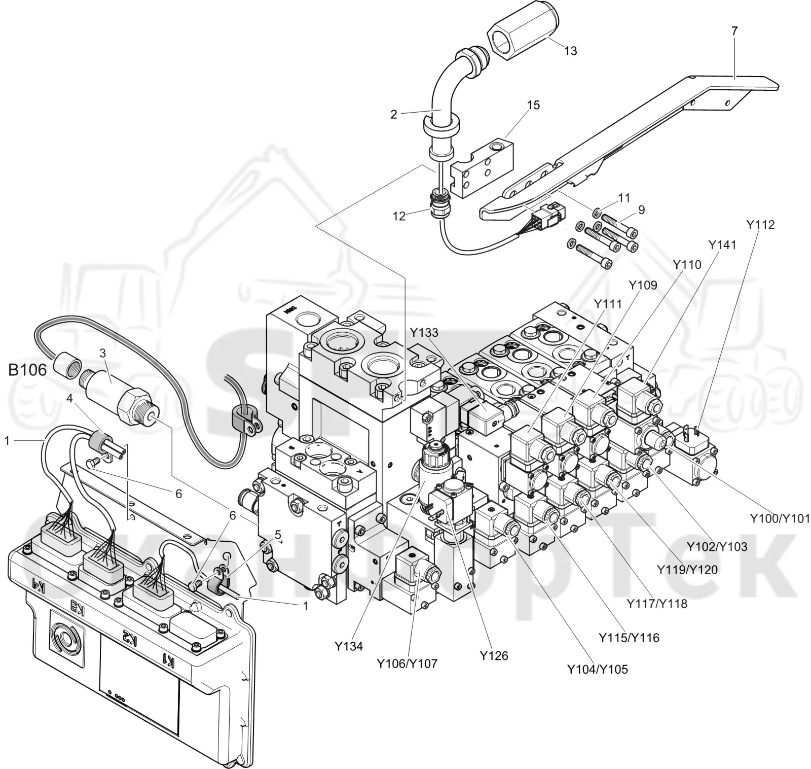 Схема: Komatsu / Лесозаготовительные машины / 901 S/N 9010053267- / Каталог запасных частей / Лесозаготовительное оборудование / Головка лесозаготовительной машины / C93 / Каталог запасных частей / Гидравлический клапан / Монтажная проводка клапана 1093015263-