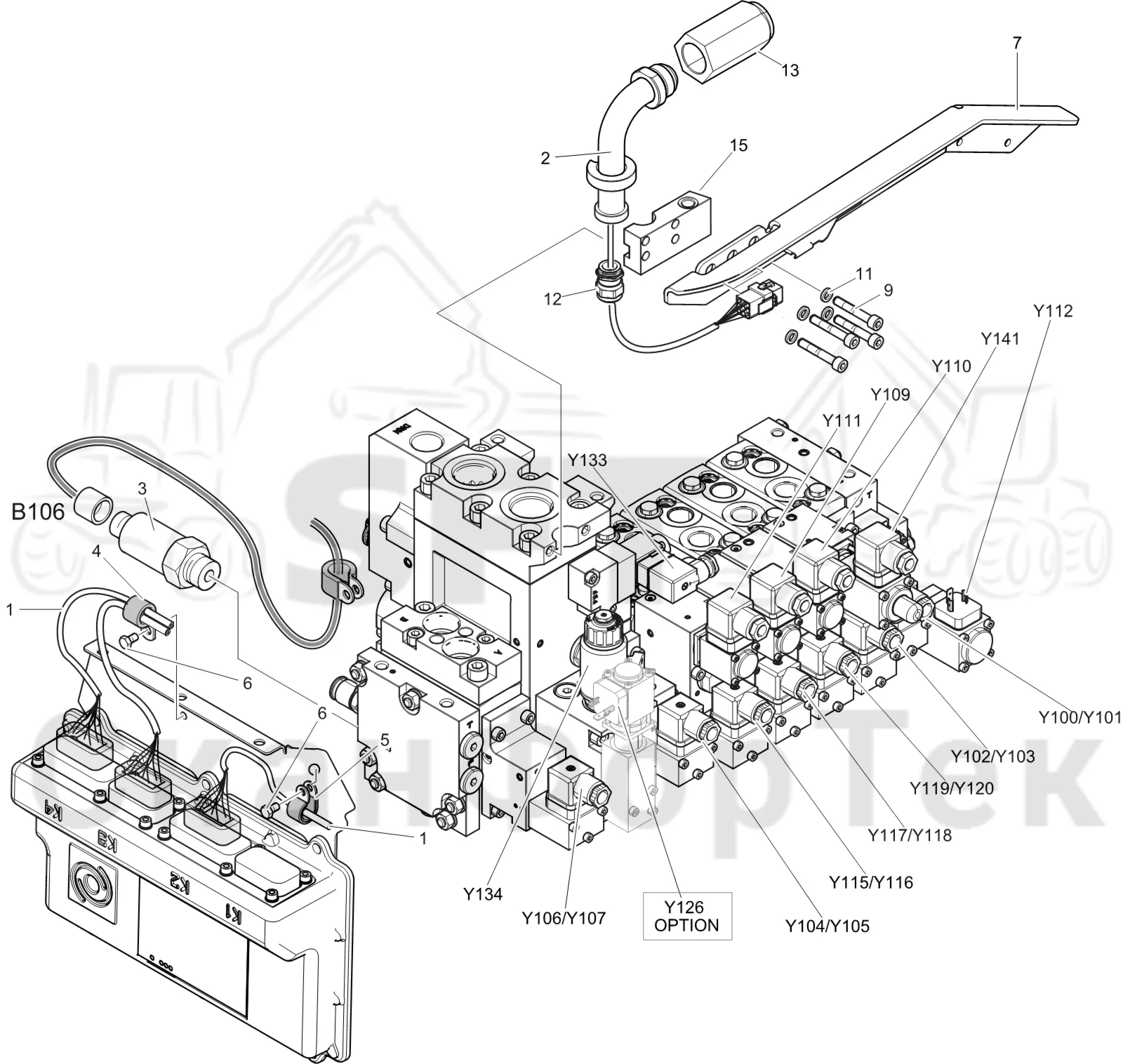 Схема: Komatsu / Лесозаготовительные машины / 911 S/N 9112062167- / Каталог запасных частей / Лесозаготовительное оборудование / Головка лесозаготовительной машины / C93 / Каталог запасных частей / Гидравлический клапан / Монтажная проводка клапана 1093016311-