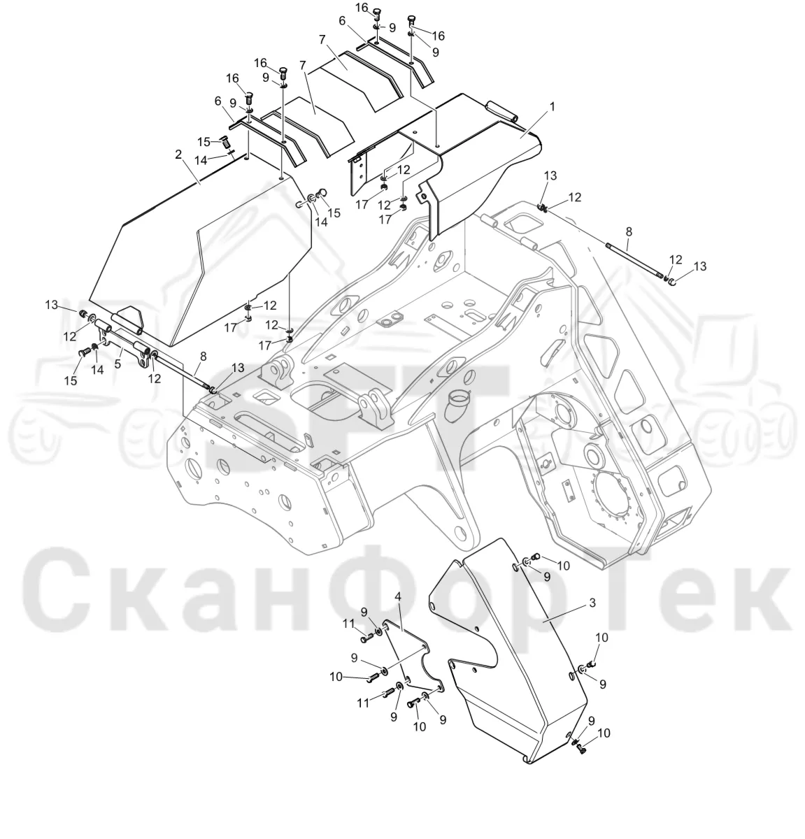 Схема: Komatsu / Лесозаготовительные машины / 951 S/N 9510004367- / Каталог запасных частей / Лесозаготовительное оборудование / Головка лесозаготовительной машины / C202E / Каталог запасных частей / шасси / Капоты и крышки