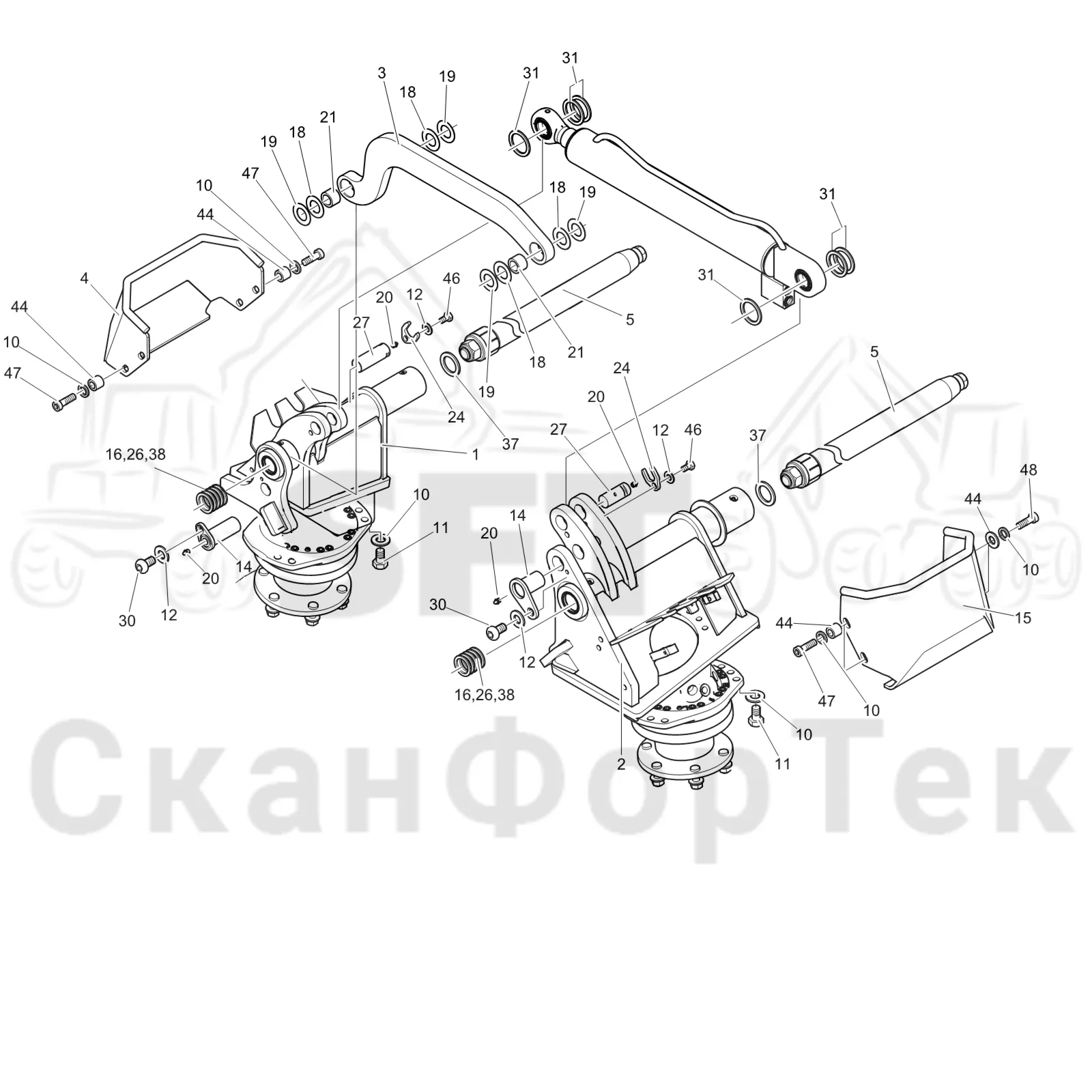 Схема: Komatsu / Лесозаготовительные машины / 951 S/N 9510004367- / Каталог запасных частей / Лесозаготовительное оборудование / Головка лесозаготовительной машины / C202E / Каталог запасных частей / Подача / шасси подающих роликов от шасси