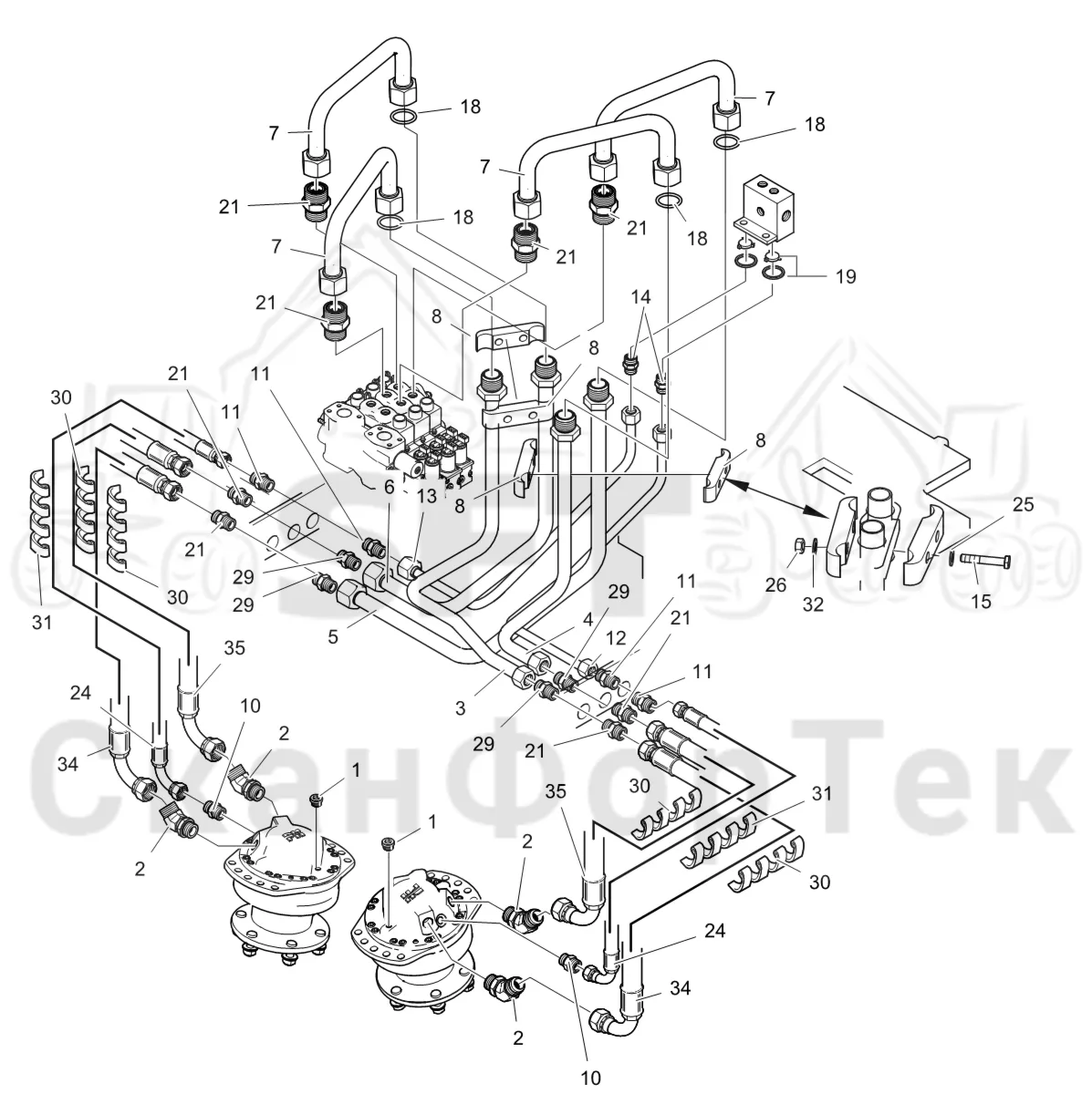 Схема: Komatsu / Лесозаготовительные машины / 951 S/N 9510004367- / Каталог запасных частей / Лесозаготовительное оборудование / Головка лесозаготовительной машины / C202E / Каталог запасных частей / Подача / Подающий ролик от шасси