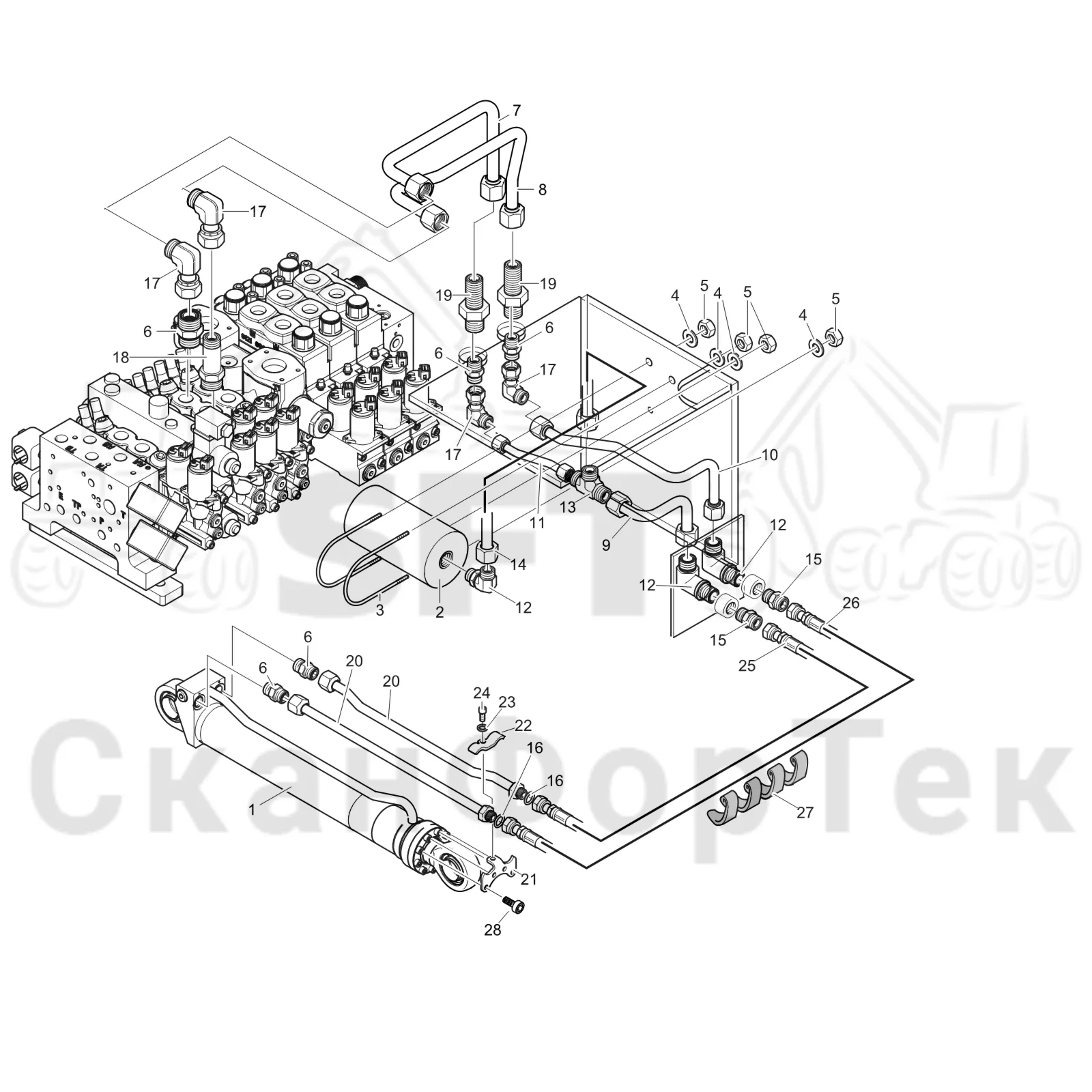 Схема: Komatsu / Лесозаготовительные машины / 951 S/N 9510004367- / Каталог запасных частей / Лесозаготовительное оборудование / Головка лесозаготовительной машины / C202E / Каталог запасных частей / Подача / Открывание/закрывание подающего ролика