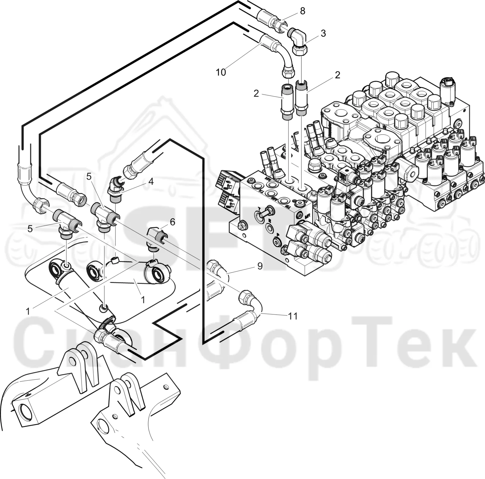 Схема: Komatsu / Лесозаготовительные машины / 951 S/N 9510004367- / Каталог запасных частей / Лесозаготовительное оборудование / Головка лесозаготовительной машины / C202E / Каталог запасных частей / Обрезка сучьев / Гидравлический привод сучкорезного ножа