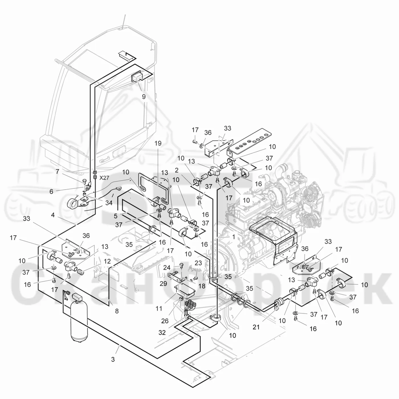 Схема: Komatsu / Лесозаготовительные машины / 931.1 / Каталог запасных частей / шасси / Пожаротушение / Комплект электрооборудования пожаротушения