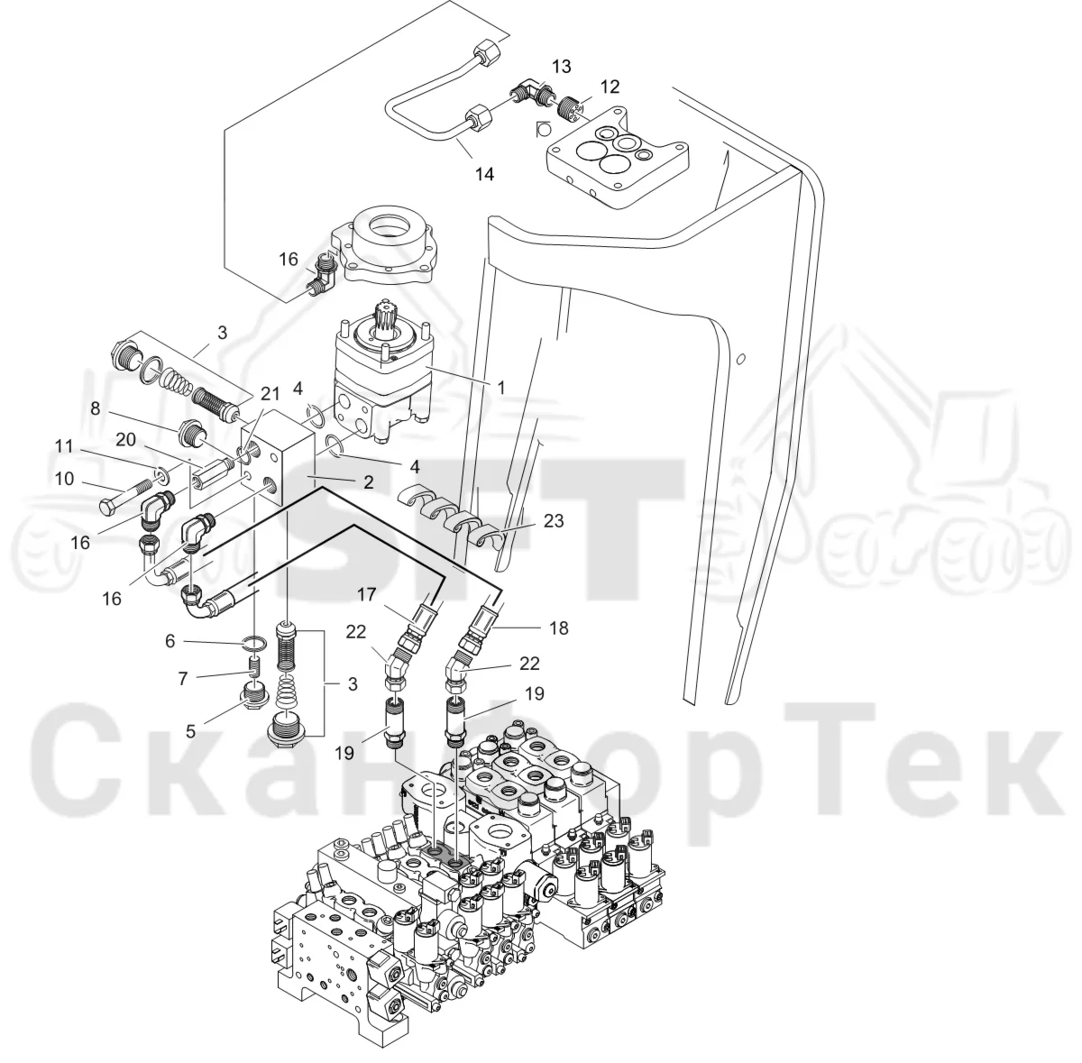 Схема: Komatsu / Головки лесозаготовительной машины / C Головки лесозаготовительной машины / C202E / Каталог запасных частей / Поворотные устройства и звенья / Гидравлическое оборудование поворотного устройства