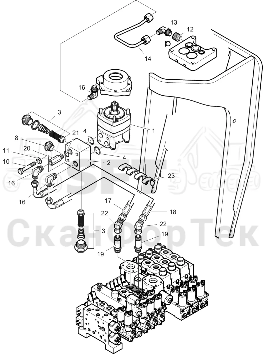 Схема: Komatsu / Лесозаготовительные машины / 951 S/N 9510004367- / Каталог запасных частей / Лесозаготовительное оборудование / Головка лесозаготовительной машины / C202 / Каталог запасных частей / Поворотные устройства и звенья / Гидравлическое оборудование поворотного устройства