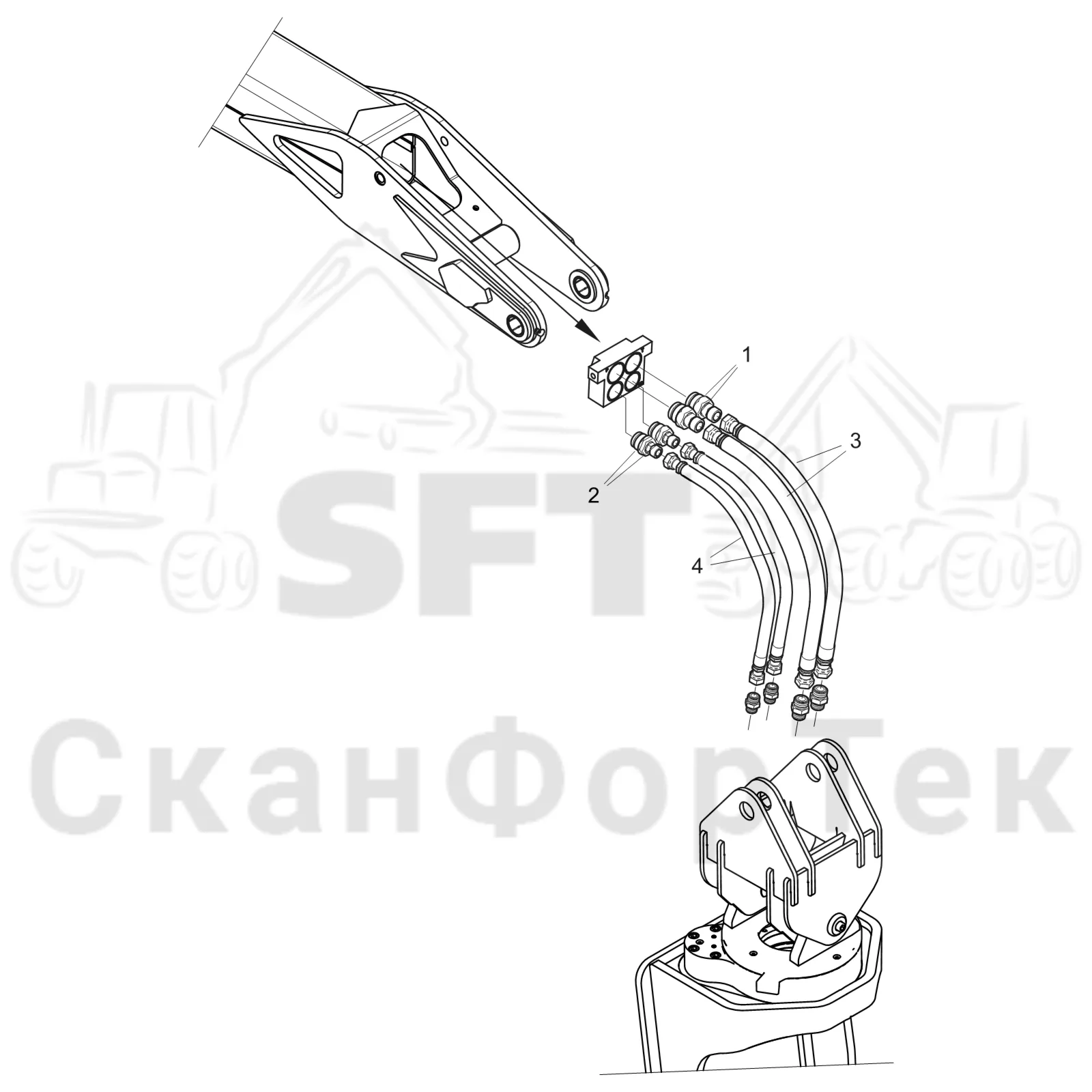 Схема: Komatsu / Головки лесозаготовительной машины / C Головки лесозаготовительной машины / C202E / Каталог запасных частей / Поворотные устройства и звенья / Гидравлическое оборудование головки подъемного крана CRH ORFS