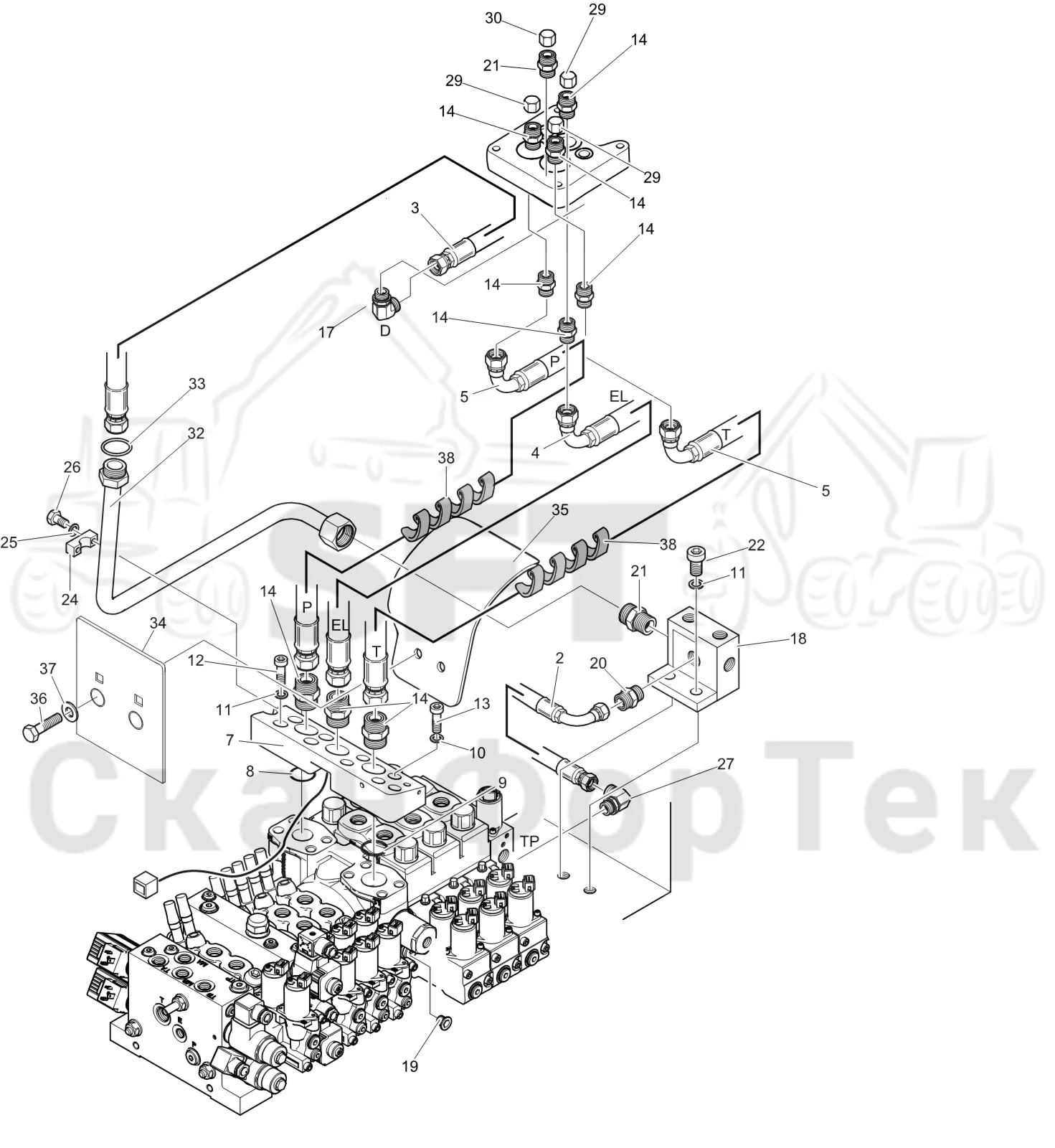 Схема: Komatsu / Головки лесозаготовительной машины / C Головки лесозаготовительной машины / C202 / Каталог запасных частей / Гидравлический клапан / Соединительный комплект