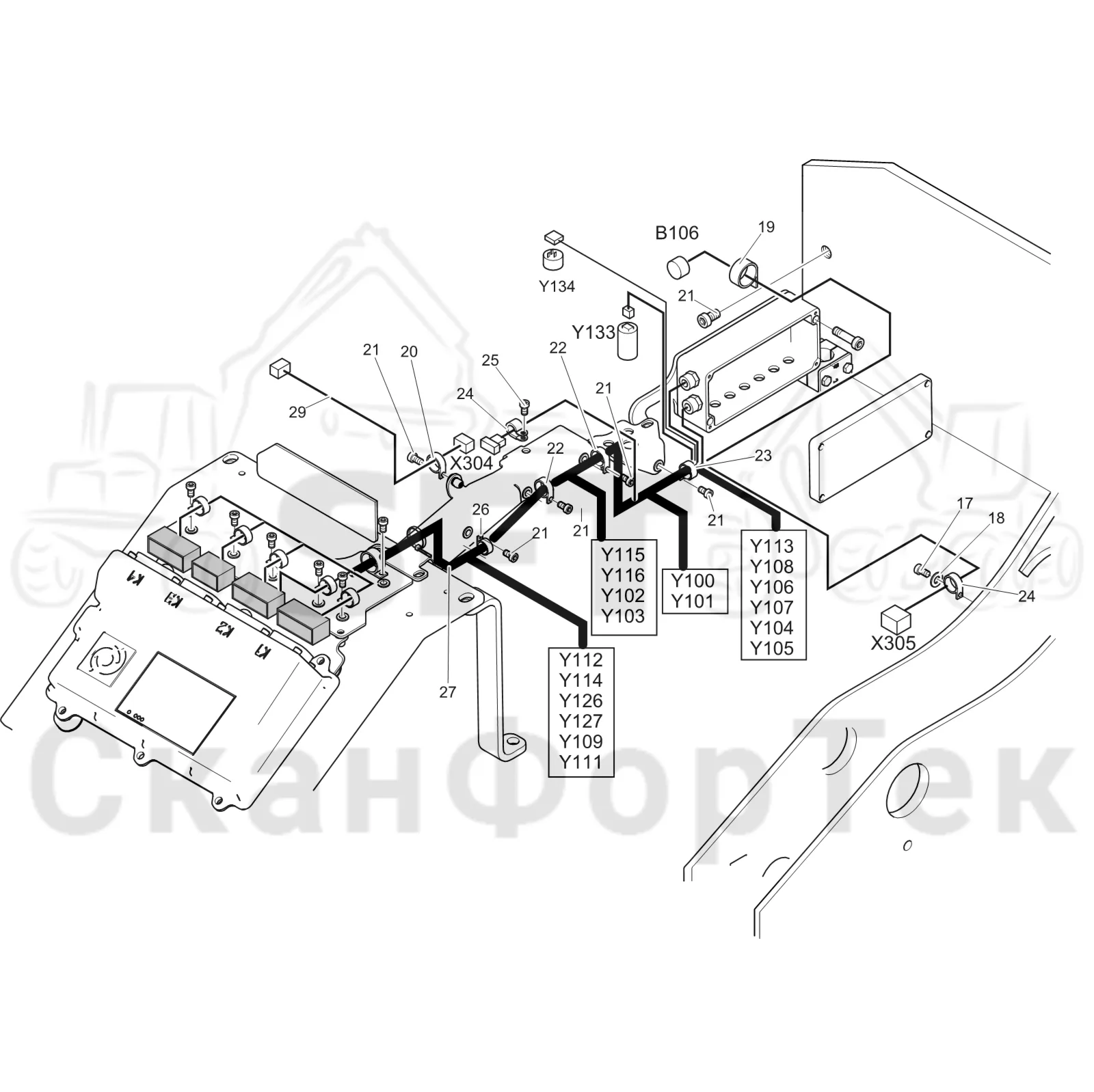 Схема: Komatsu / Лесозаготовительные машины / 951 S/N 9510004367- / Каталог запасных частей / Лесозаготовительное оборудование / Головка лесозаготовительной машины / C202E / Каталог запасных частей / Гидравлический клапан / Монтажная проводка клапана