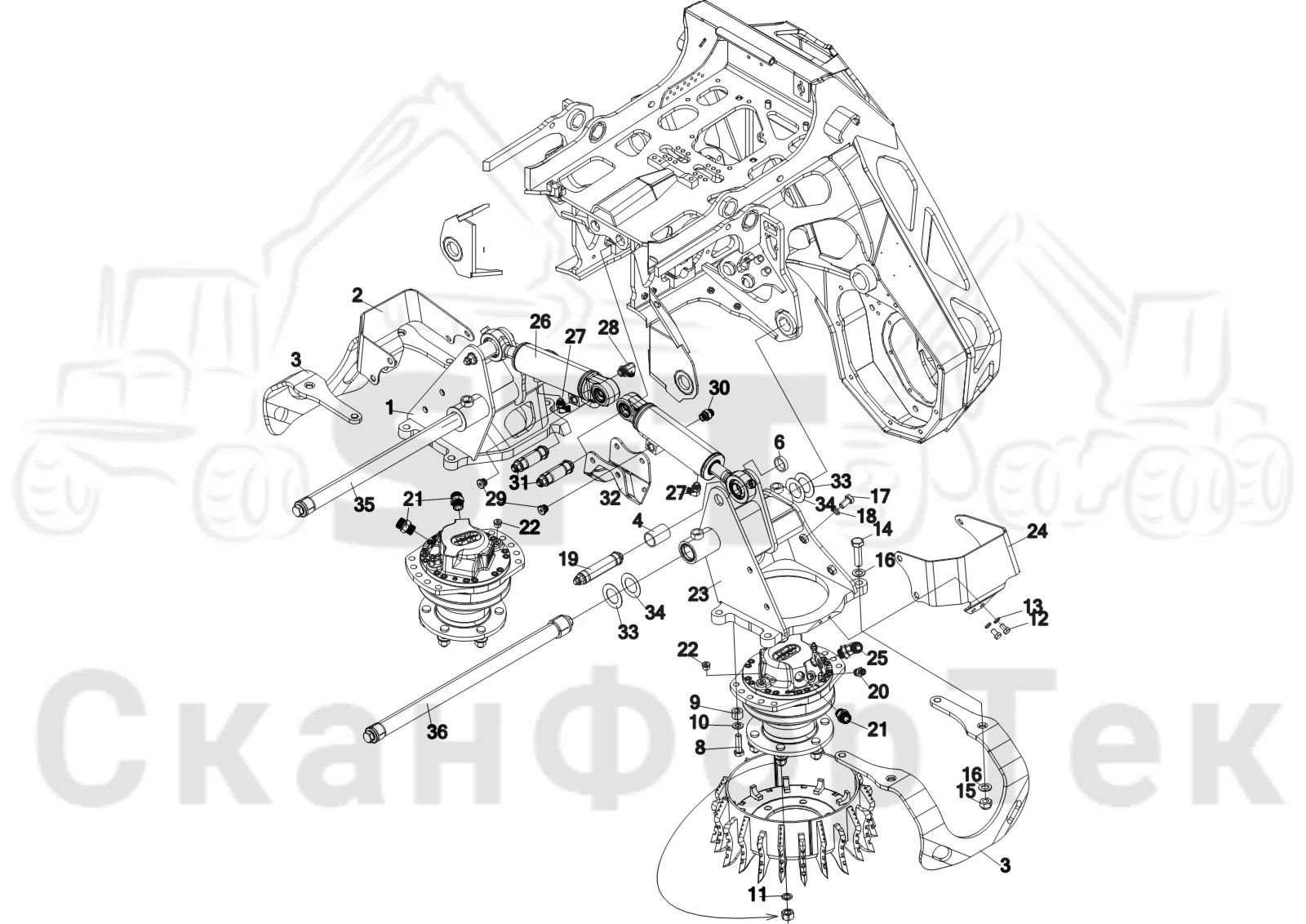 Схема: Komatsu / Лесозаготовительные машины / 911 S/N 9112062167- / Каталог запасных частей / Лесозаготовительное оборудование / Головка лесозаготовительной машины / C144 / Каталог запасных частей / Подача / шасси подающего ролика