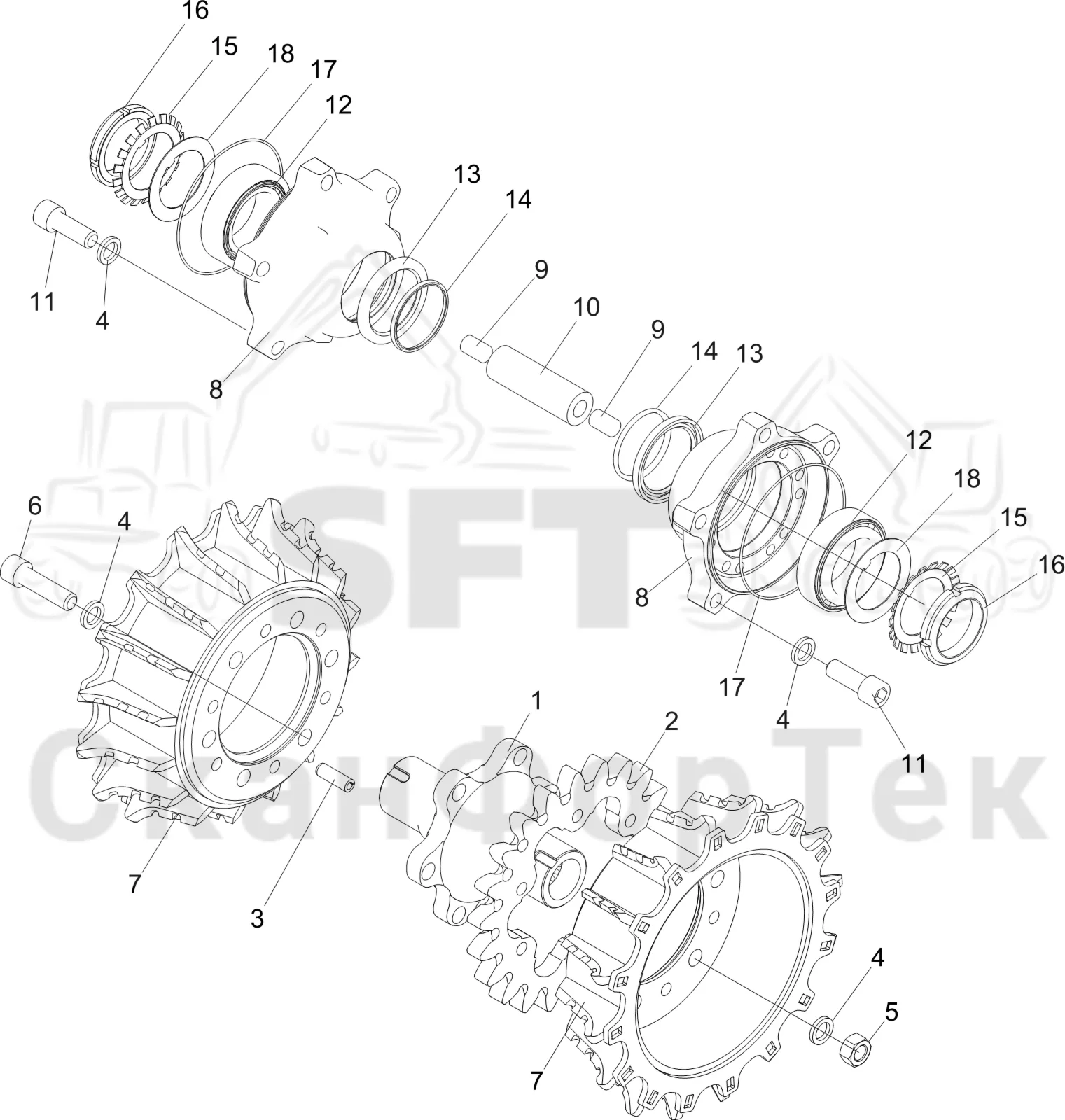 Схема: Komatsu / Лесозаготовительные машины / 931 S/N 9310021067- / Каталог запасных частей / Лесозаготовительное оборудование / Головка лесозаготовительной машины / C144 / Каталог запасных частей / Подача / Подающий ролик/Задний
