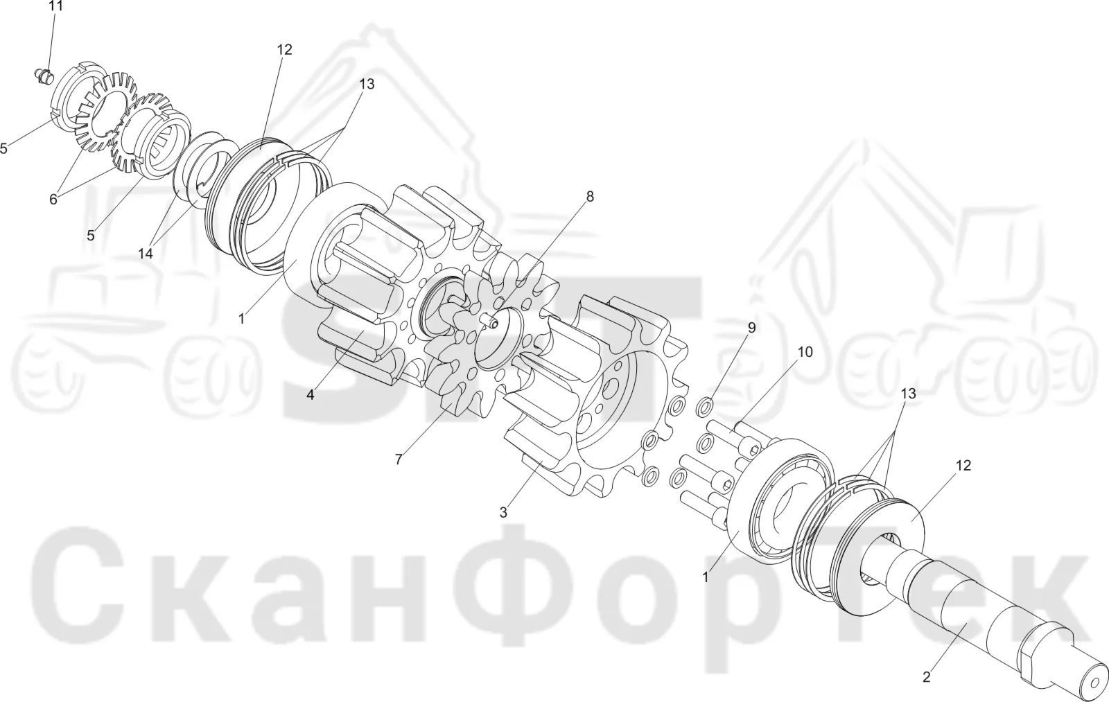 Схема: Komatsu / Головки лесозаготовительной машины / C Головки лесозаготовительной машины / C144 / Каталог запасных частей / Подача / Подающий ролик/Передний