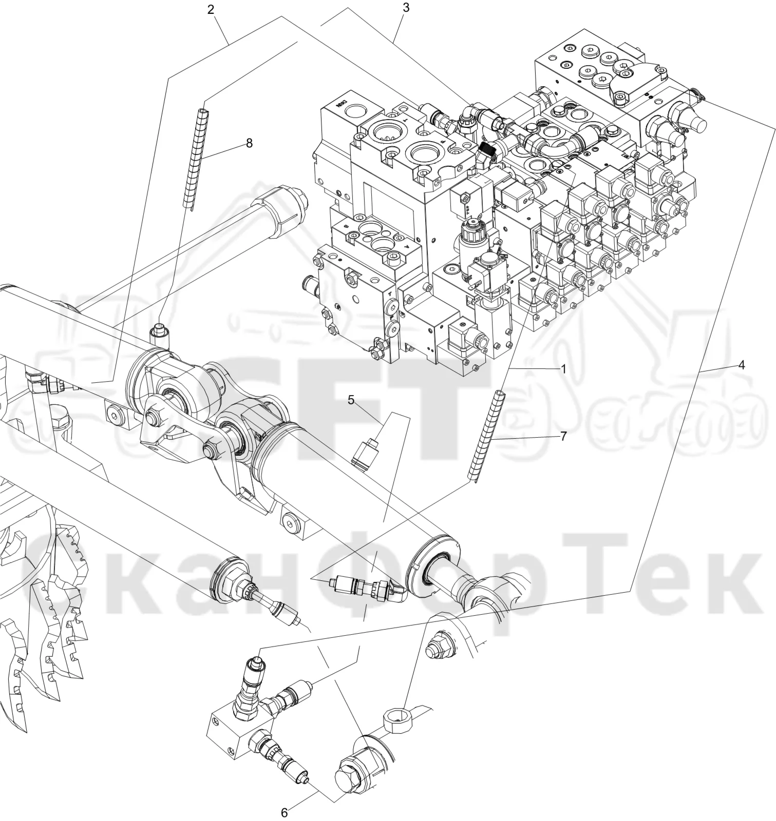 Схема: Komatsu / Лесозаготовительные машины / 911 S/N 9110062167- / Каталог запасных частей / Лесозаготовительное оборудование / Головка лесозаготовительной машины / C144 / Каталог запасных частей / Подача / Гидравлика открывания и закрывания роликов подачи