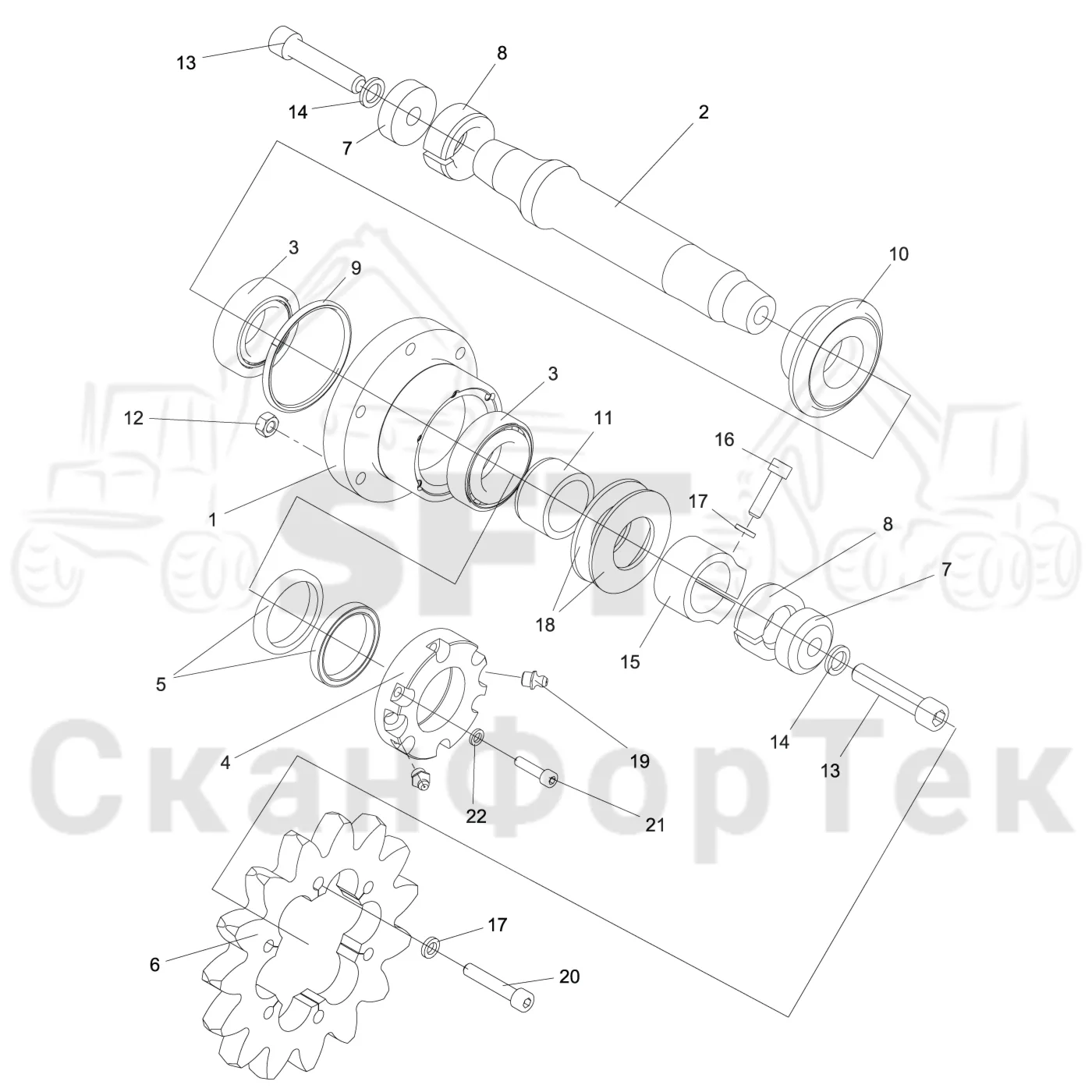 Схема: Komatsu / Головки лесозаготовительной машины / C Головки лесозаготовительной машины / C144 / Каталог запасных частей / Подача / Комплект шестерен