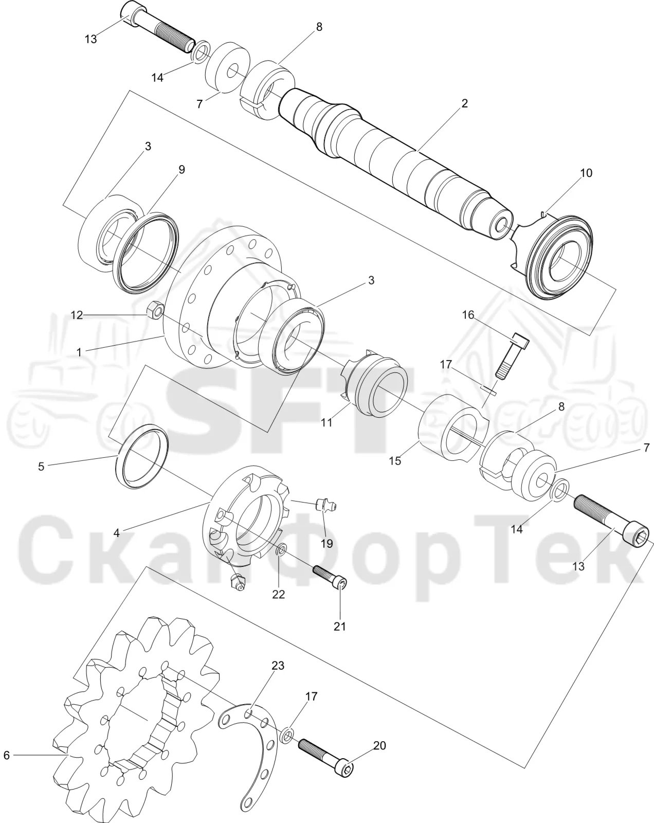 Схема: Komatsu / Лесозаготовительные машины / 931 S/N 9310021067- / Каталог запасных частей / Лесозаготовительное оборудование / Головка лесозаготовительной машины / C144 / Каталог запасных частей / Подача / Комплект шестерен 1144015129-