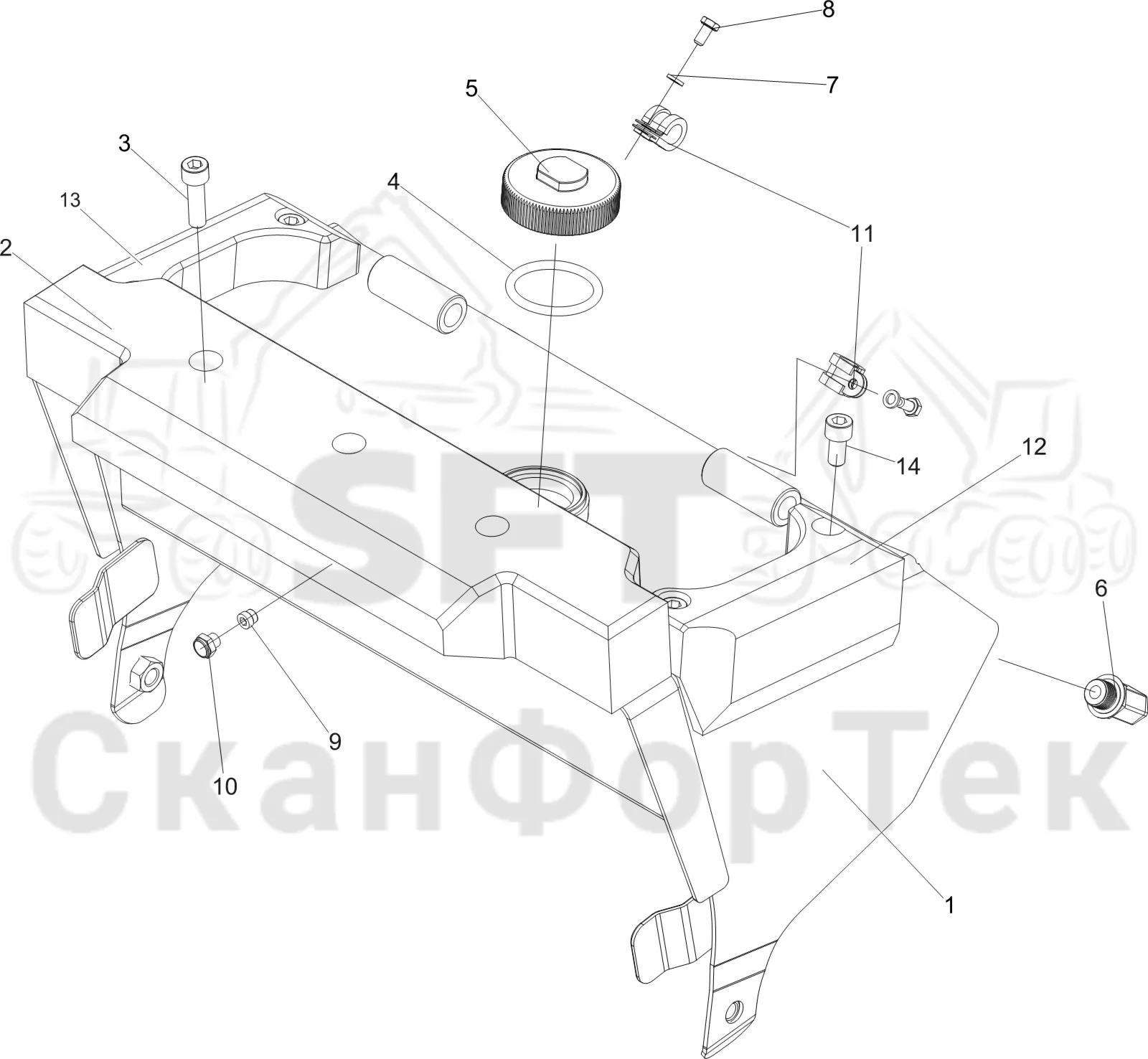 Схема: Komatsu / Головки лесозаготовительной машины / C Головки лесозаготовительной машины / C144 / Каталог запасных частей / Резка / Маслобак 1144016187-
