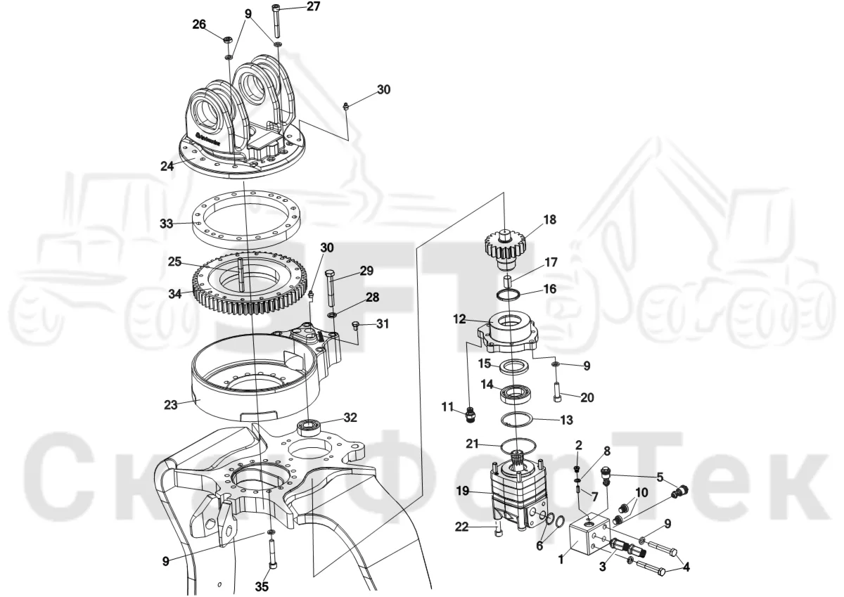 Схема: Komatsu / Лесозаготовительные машины / 931XC S/N 9313021208- / Каталог запасных частей / Лесозаготовительное оборудование / Головка лесозаготовительной машины / C144 / Каталог запасных частей / Поворотные устройства и звенья / Поворотное устройство Механика