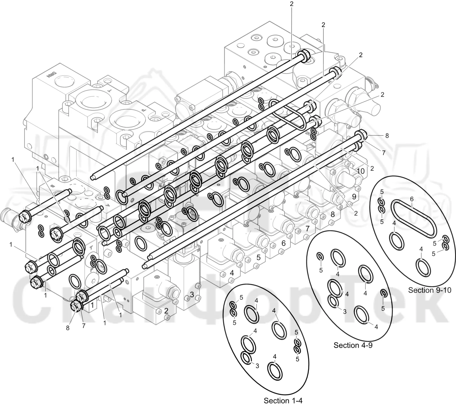Схема: Komatsu / Лесозаготовительные машины / 911 S/N 9112062167- / Каталог запасных частей / Лесозаготовительное оборудование / Головка лесозаготовительной машины / C144 / Каталог запасных частей / Гидравлический клапан / Комплект колец круглого сечения
