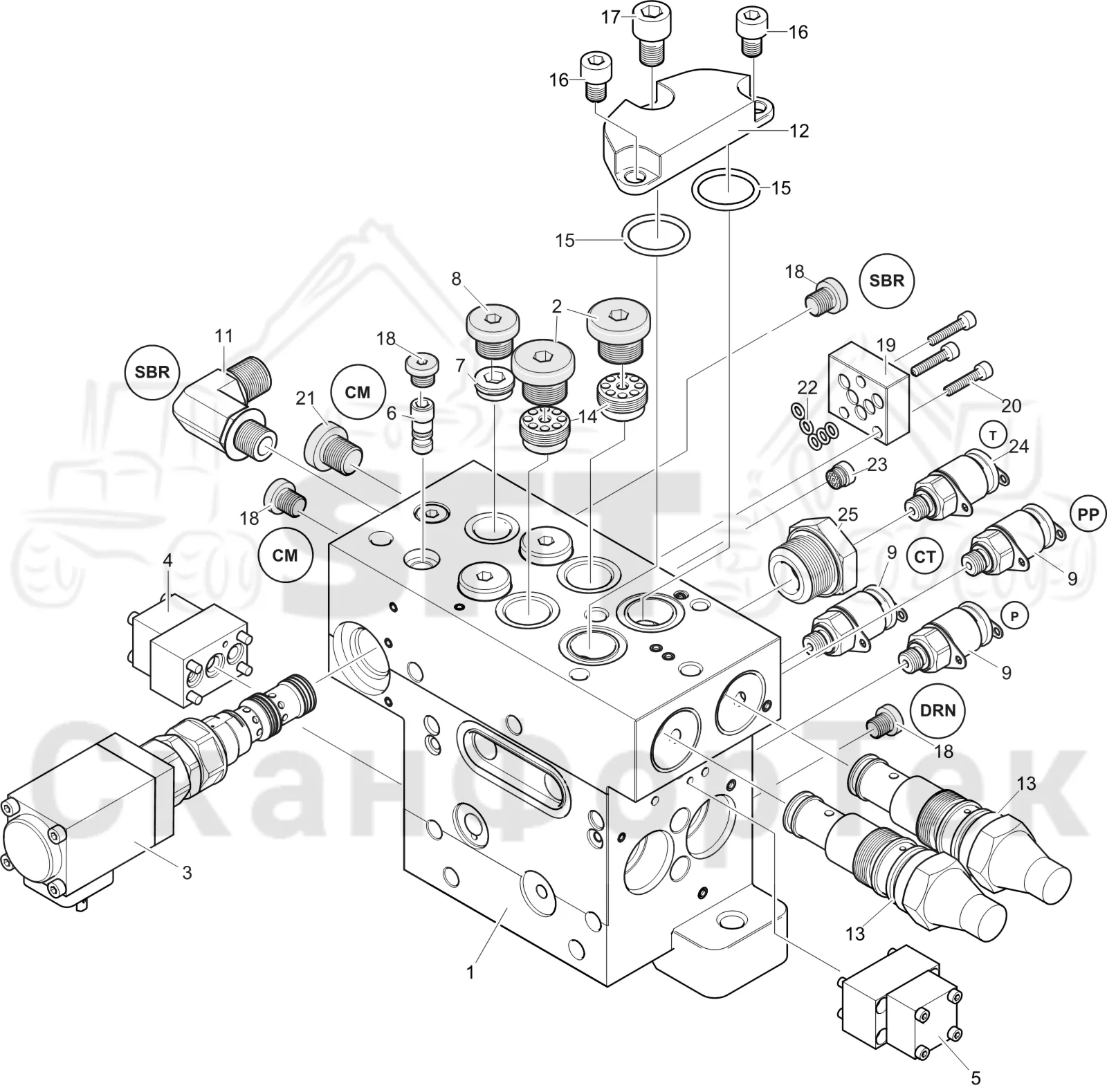 Схема: Komatsu / Лесозаготовительные машины / 931 S/N 9310021067- / Каталог запасных частей / Лесозаготовительное оборудование / Головка лесозаготовительной машины / C144 / Каталог запасных частей / Гидравлический клапан / Торцевая секция без Цветовая маркировка